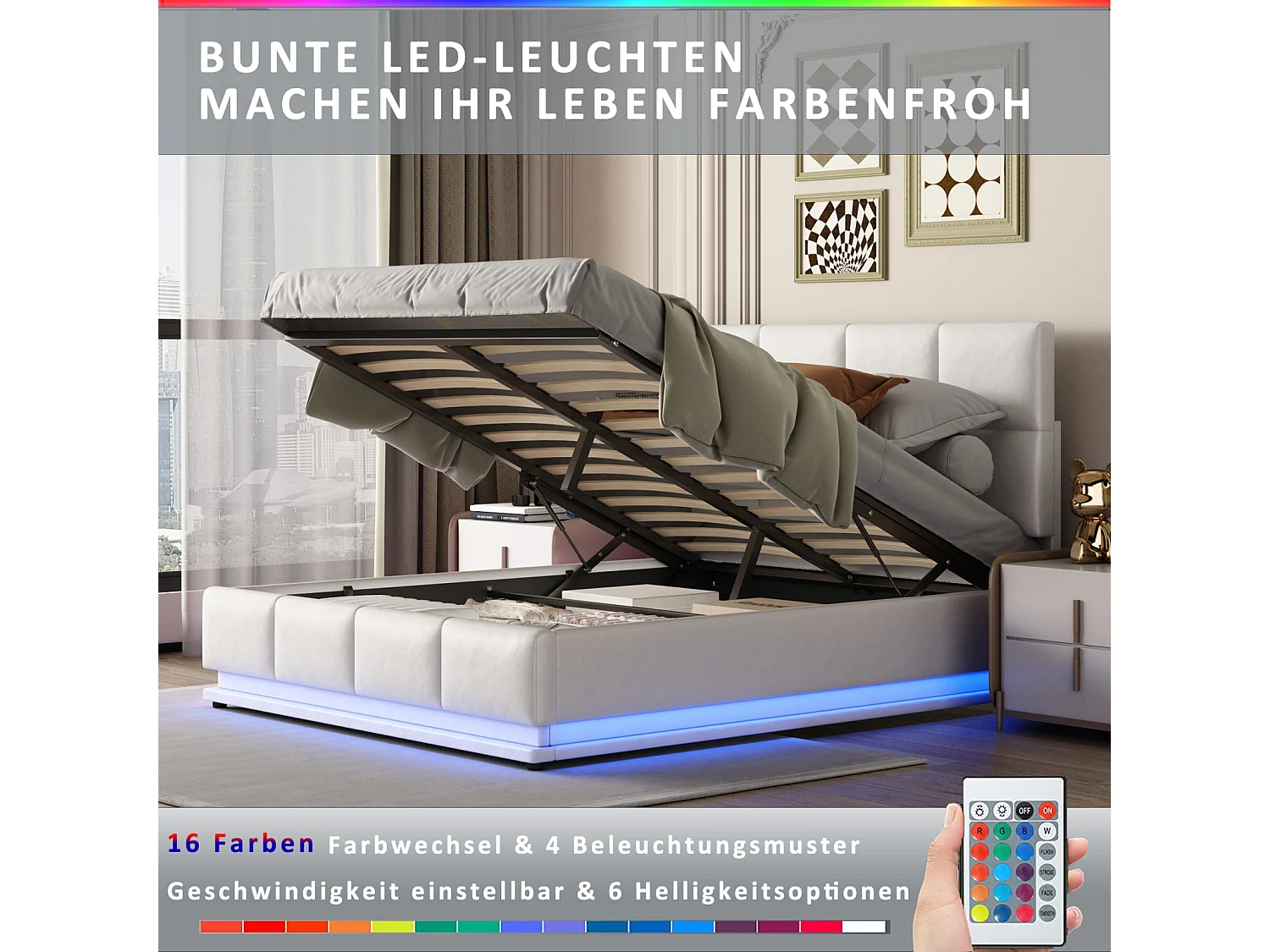 Cama com arrumação 140x200 cm - Cama de casal acolchoada com LED, elevatória hidráulica, com base de ripas, cabeceira, imitação de pele PU - Bege