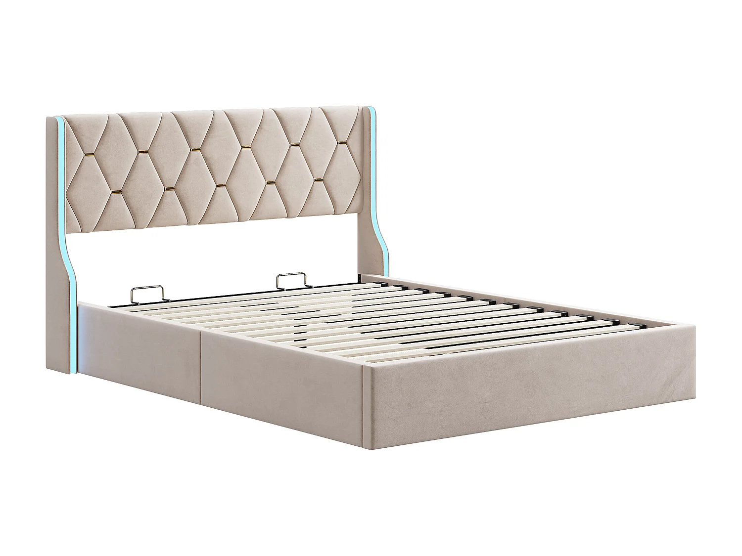lit coffre 160 x 200,lit double 160 x 200 avec sommier,lit capitonné avec rangement, Tête de lit avec lumières LED réglables,velours,Beige