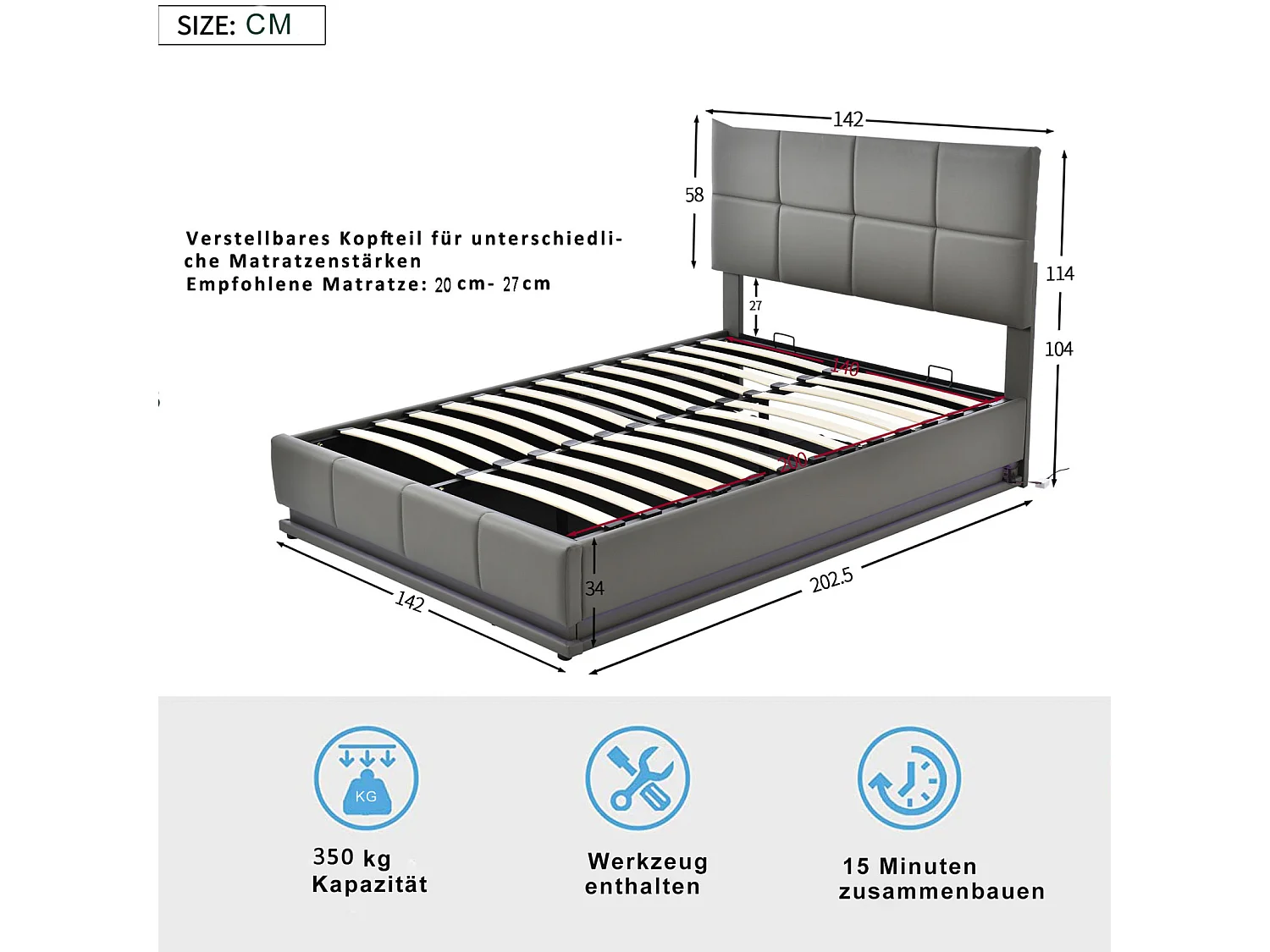 Lit coffre 140x200 cm - Lit doub LED capitonné relevable hydraulique avec sommier à lattes, tête de lit, simili cuir PU - Gris