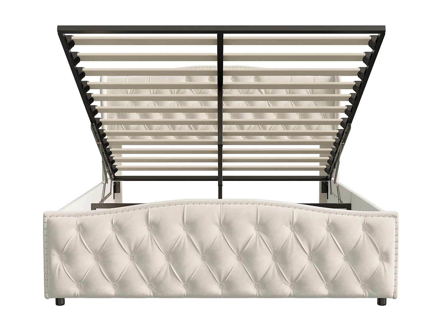 140x200 opbergbed, gestoffeerd bed met lattenbodem, golvend hoofdeinde, klinknageldesign, fluweel, beige