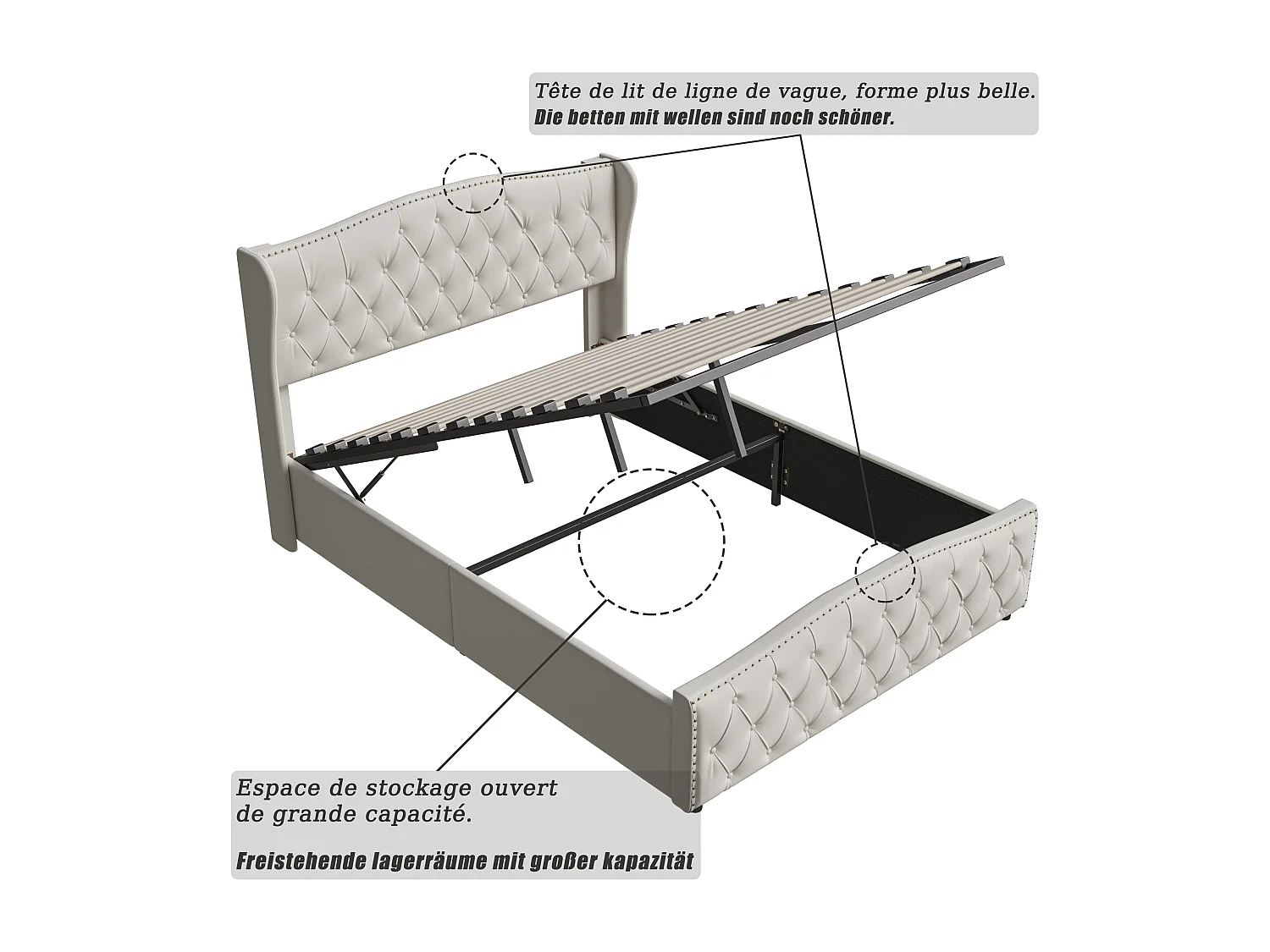 140x200 opbergbed, gestoffeerd bed met lattenbodem, golvend hoofdeinde, klinknageldesign, fluweel, beige