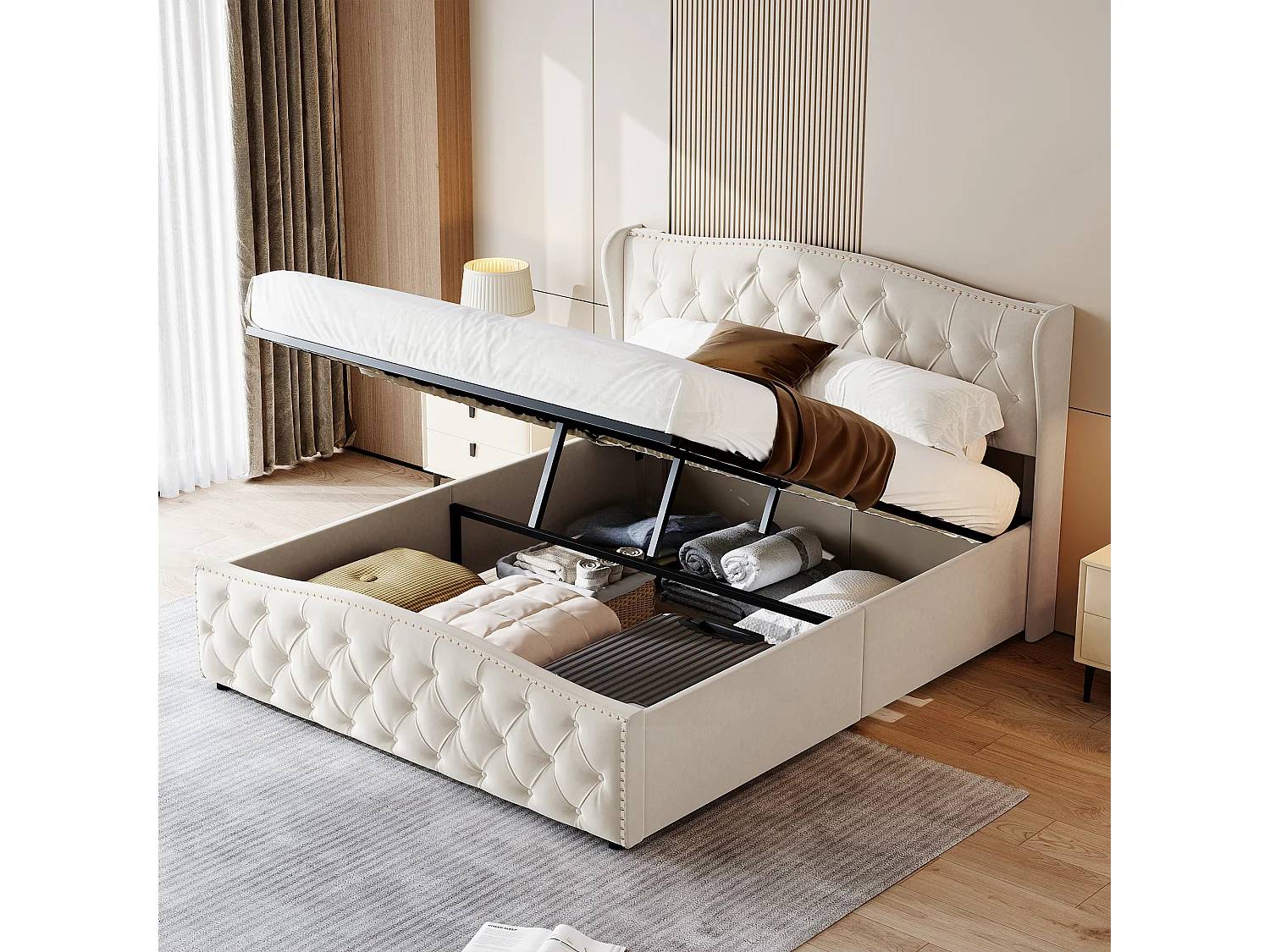 lit coffre 140x200,lit capitonné avec sommier à lattes,tête de lit ondulée,design rivet,velours,beige