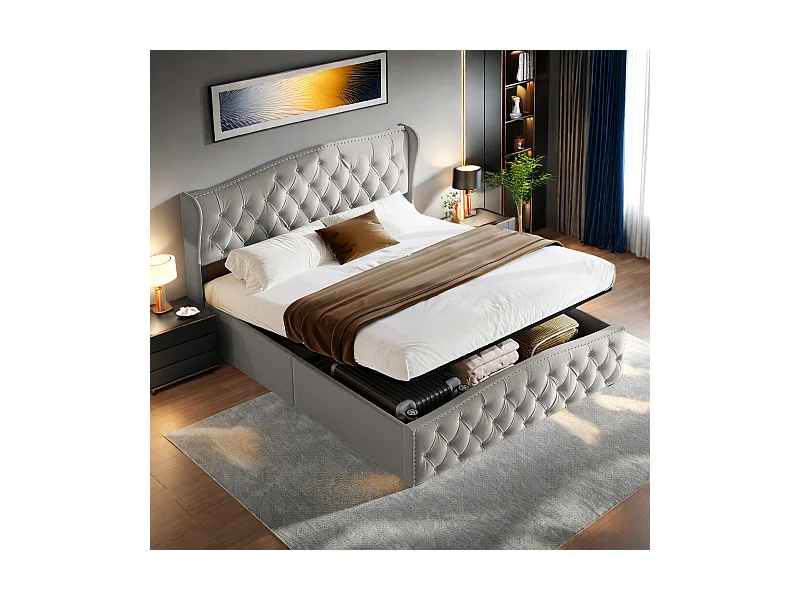 Lit en velours gris 140x200 cm avec clous décoratifs et motif ondulé, Lit double avec sommier à lattes et espace de rangement