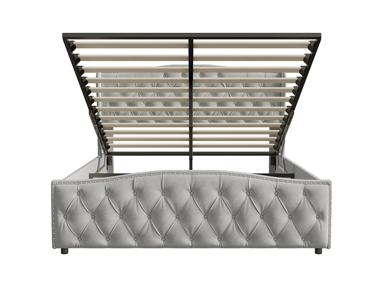 lit coffre 140x200,lit capitonné avec sommier à lattes,tête de lit ondulée,design rivet,velours,gris