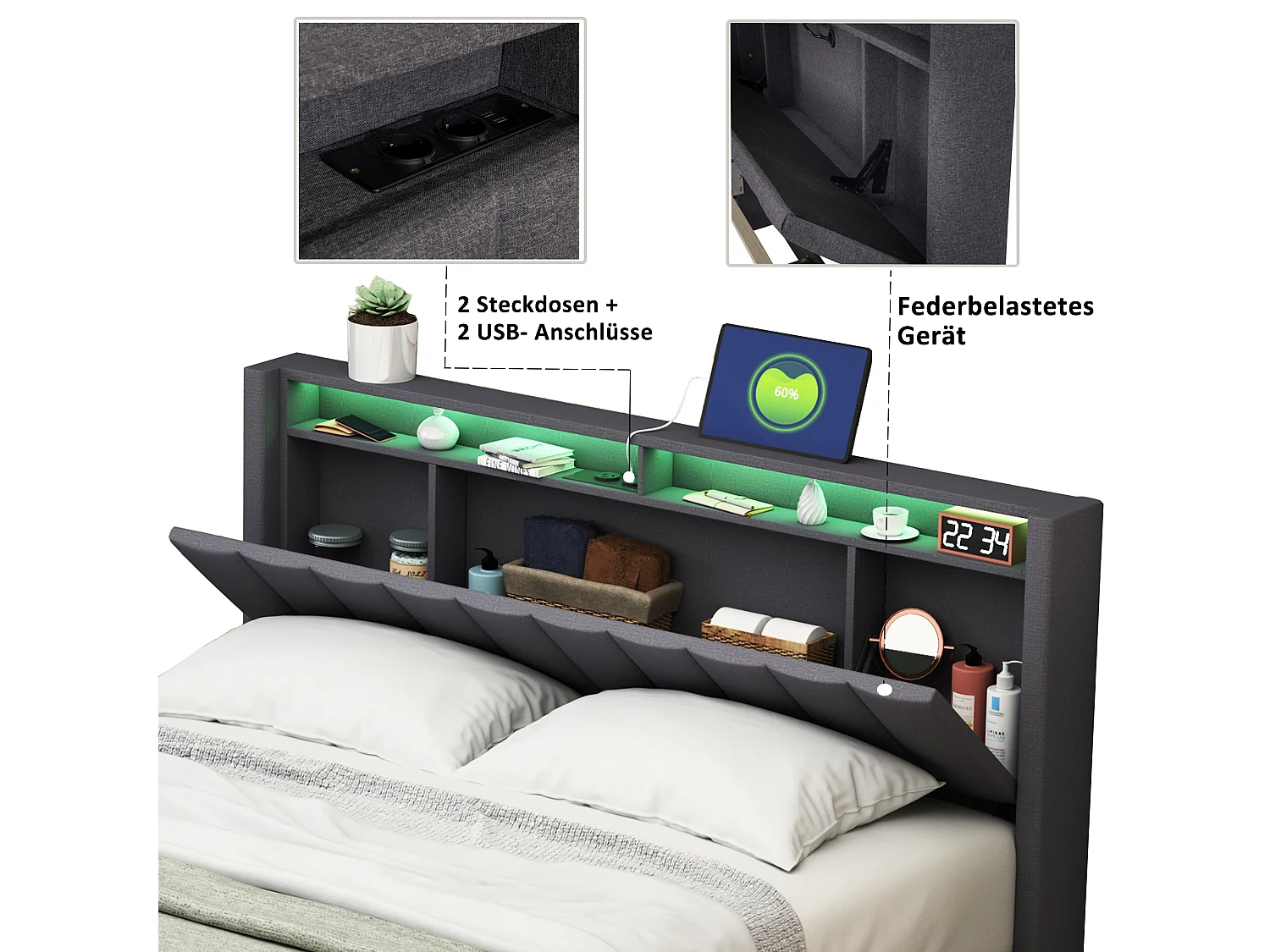 Opbergbed Tweepersoonsbed voor volwassenen 160 x 200 cm met USB-oplader en ledverlichting. Grijs