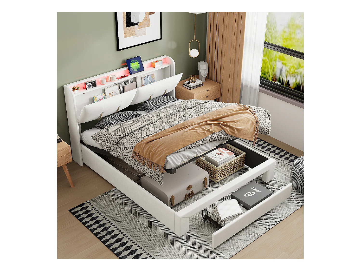 lit 140x200cm avec Rangement et éclairage LED, Lit Coffre avec Sommier à Lattes, Lit Double capitonné avec USB et Type-C, Velours, Blanc