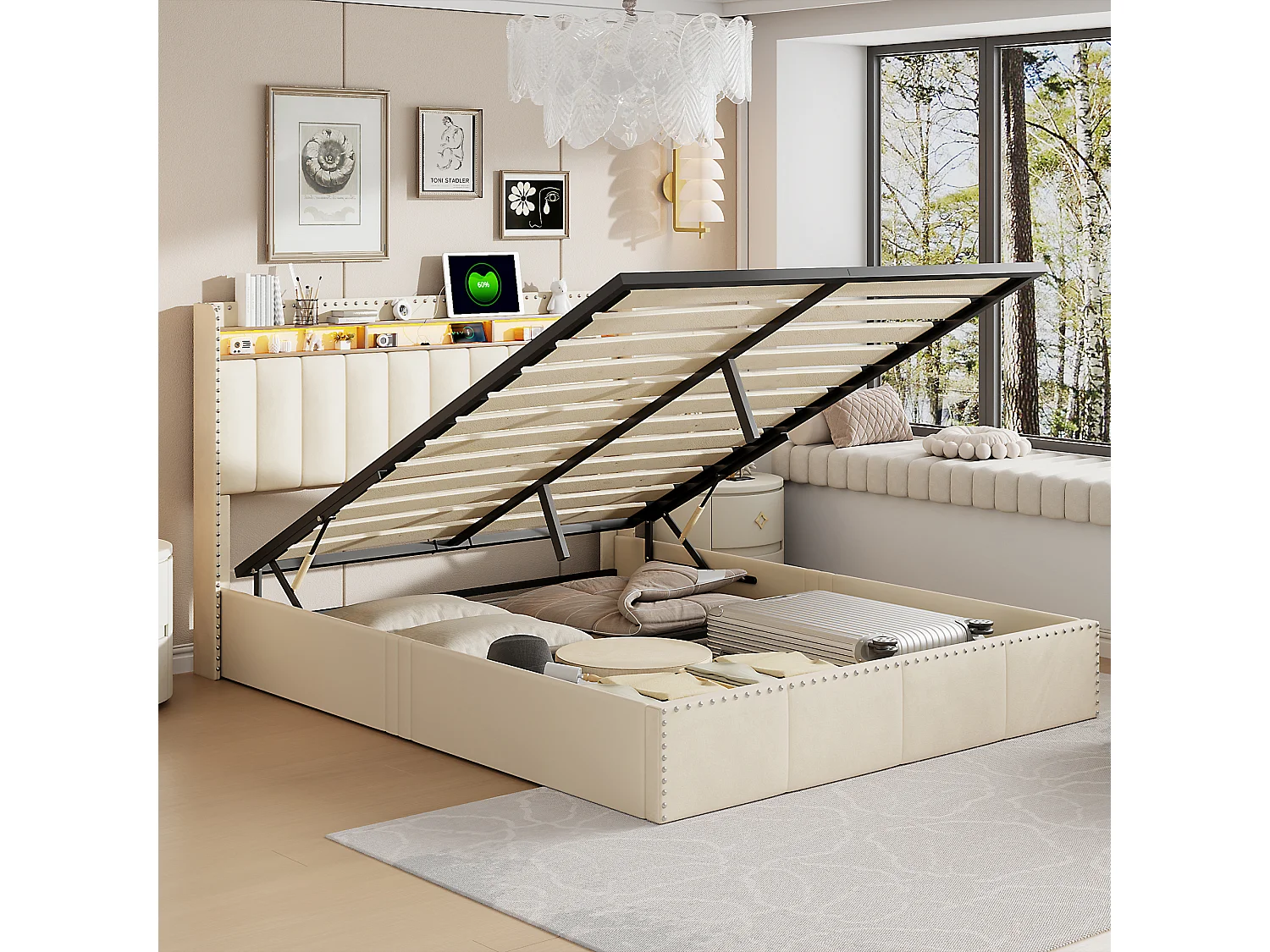 Cama con almacenaje de 140×200 cm, tapizada en terciopelo beige, con puerto USB, puerto tipo C y LED, caja con almacenaje y base.