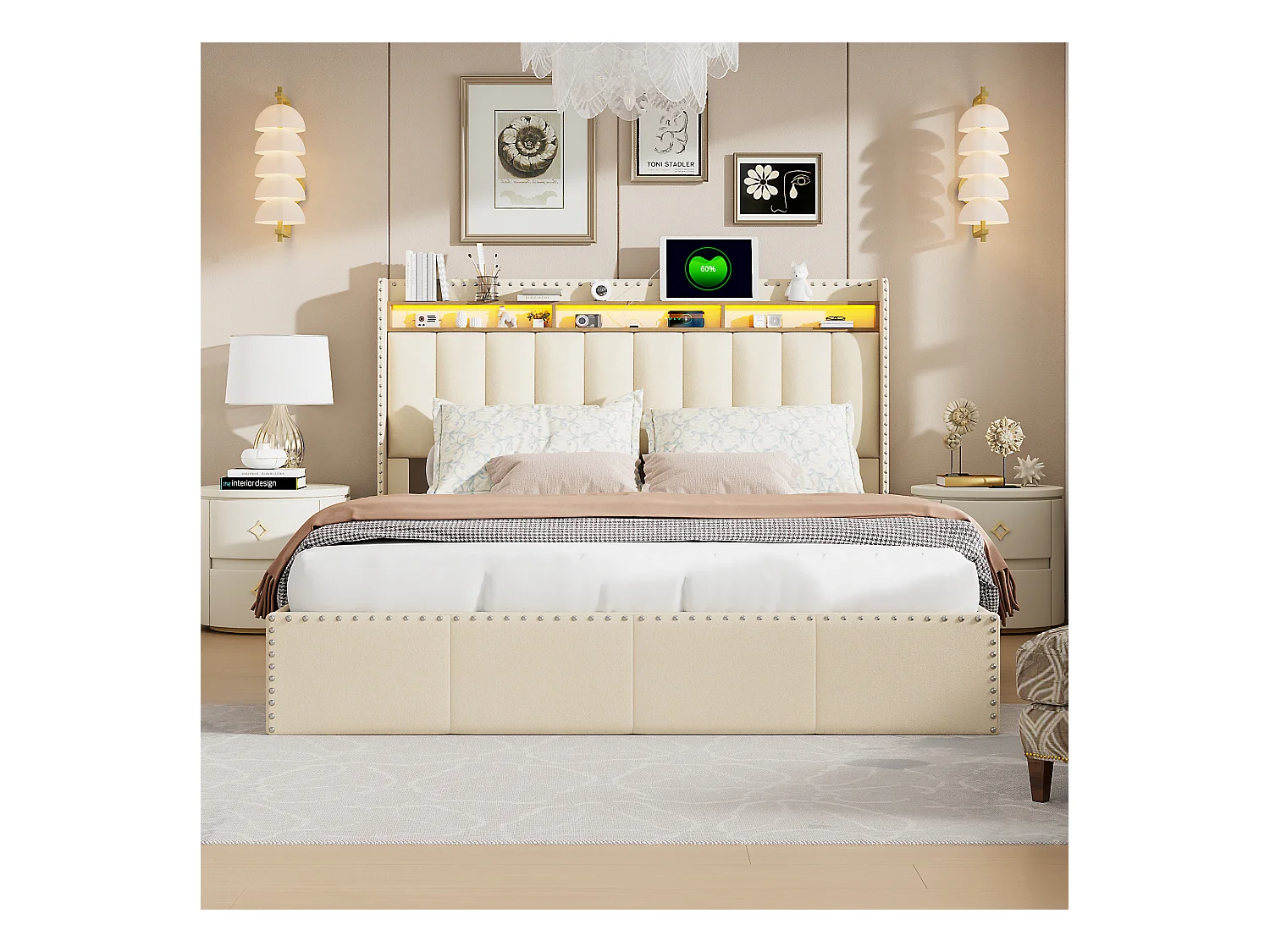 Lit Coffre 140×200cm, Lit Rembourré en Velours Beige, avec Port USB, Port de Type-C et LED, Coffre de Lit Rangement, Sommier