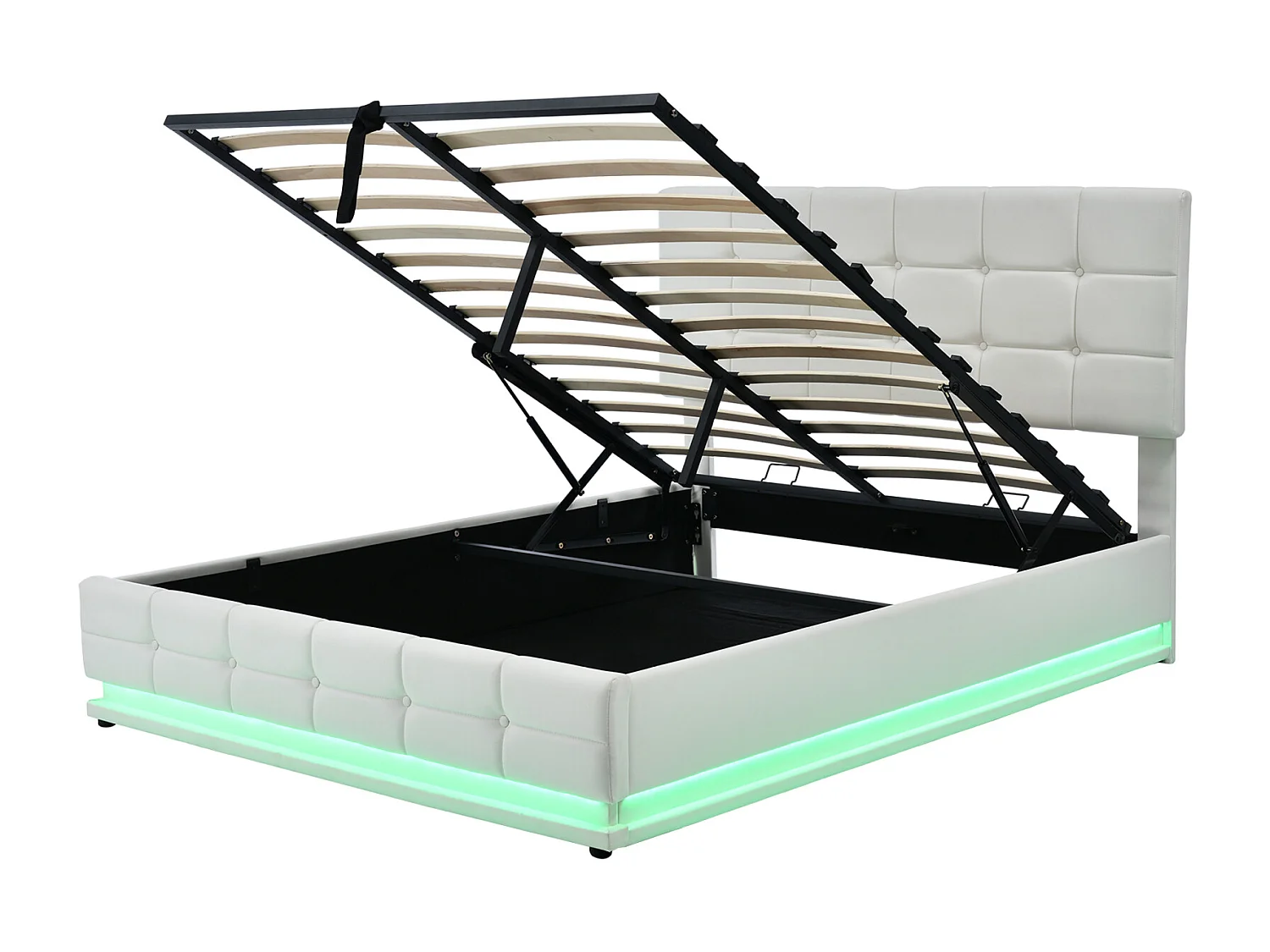 lit coffre 140x200,lit adult,lit double,lit capitonné avec éclairage LED et sommier,Conception à grain droit,PU,Blanc