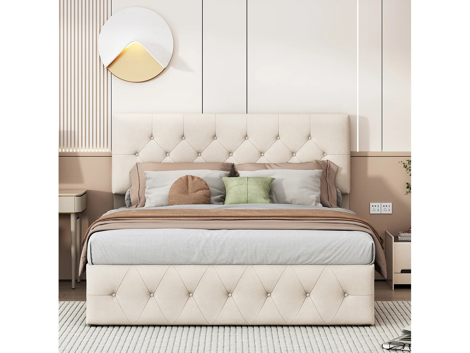 Letto contenitore 140 x 200 cm, letto matrimoniale, letto per adulti, letto imbottito, con rete a doghe, leva idraulica, tessuto in velluto, beige