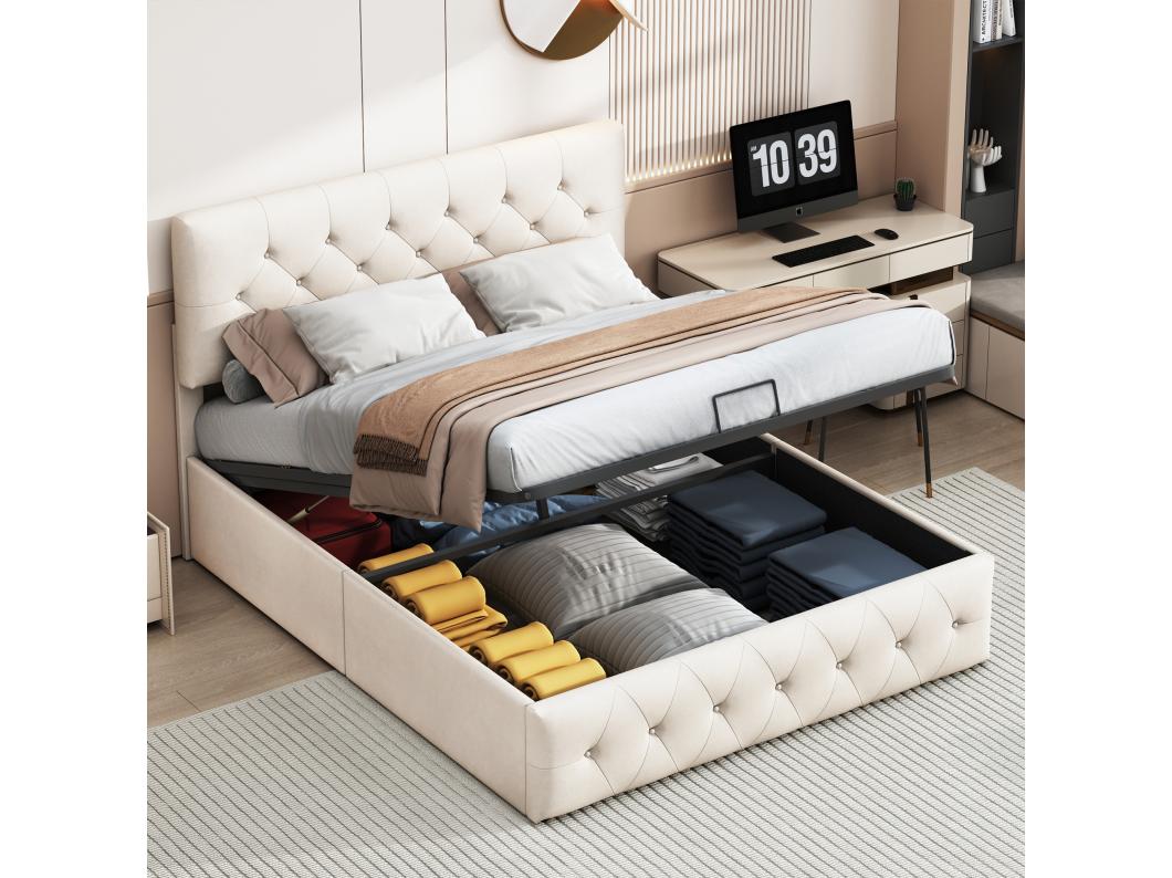 Opbergbed 140 x 200 cm, tweepersoonsbed, volwassenenbed, gestoffeerd bed, met lattenbodem, hydraulische hendel, fluwelen stof, beige