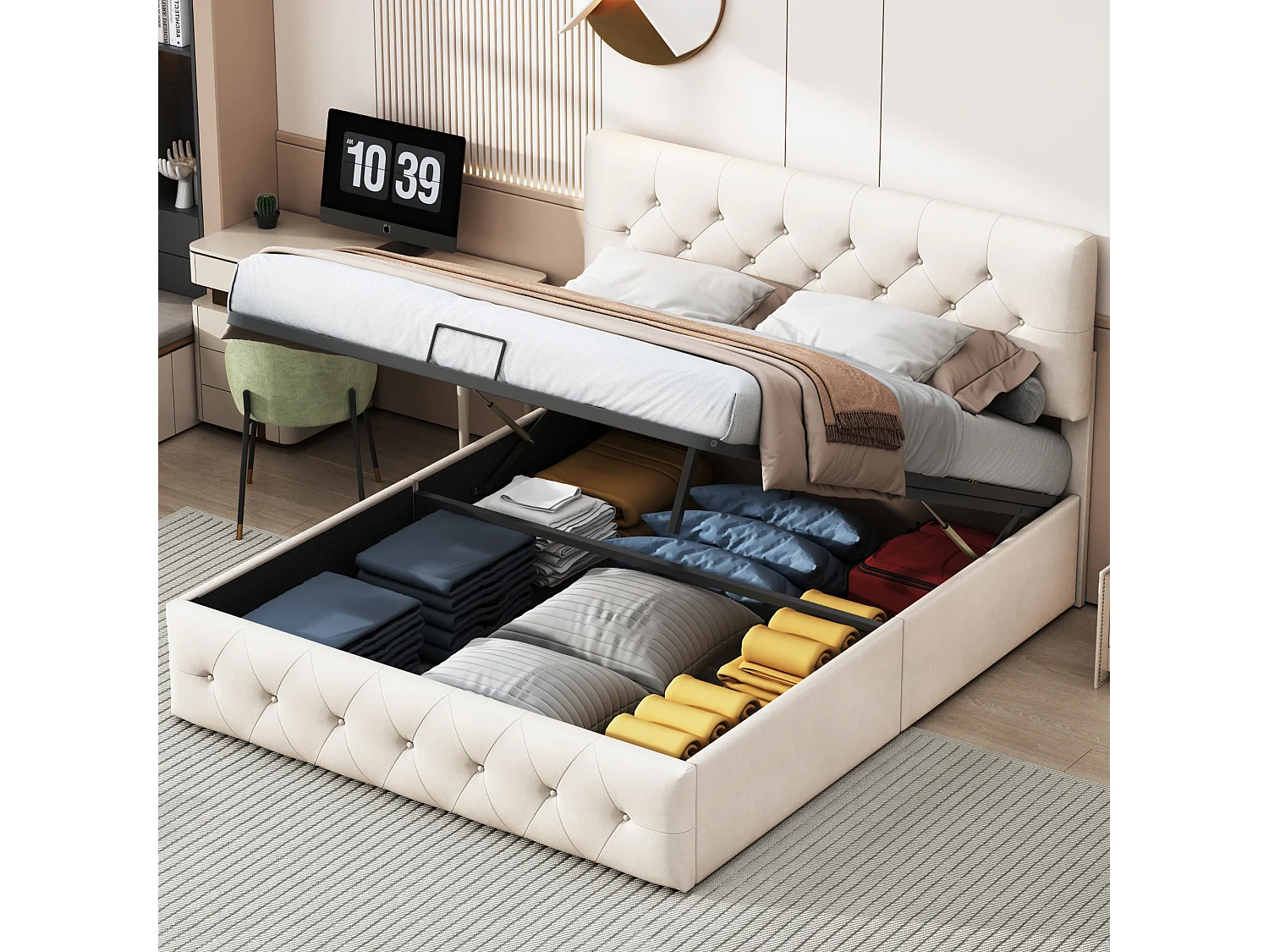 Lit coffre 160 x 200 cm,lit double,lit adulte,lit rembourré,avec sommier à lattes,levier hydraulique,tissu velours,beige