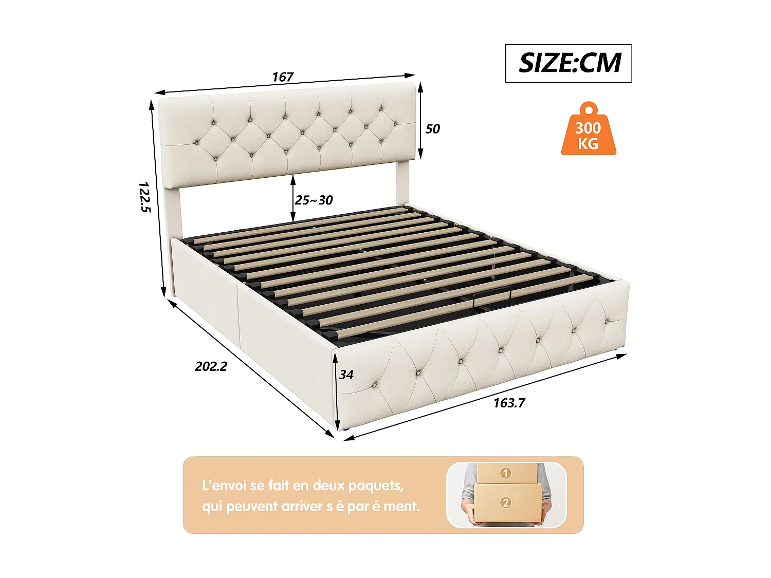 Lit coffre 160 x 200 cm,lit double,lit adulte,lit rembourré,avec sommier à lattes,levier hydraulique,tissu velours,beige