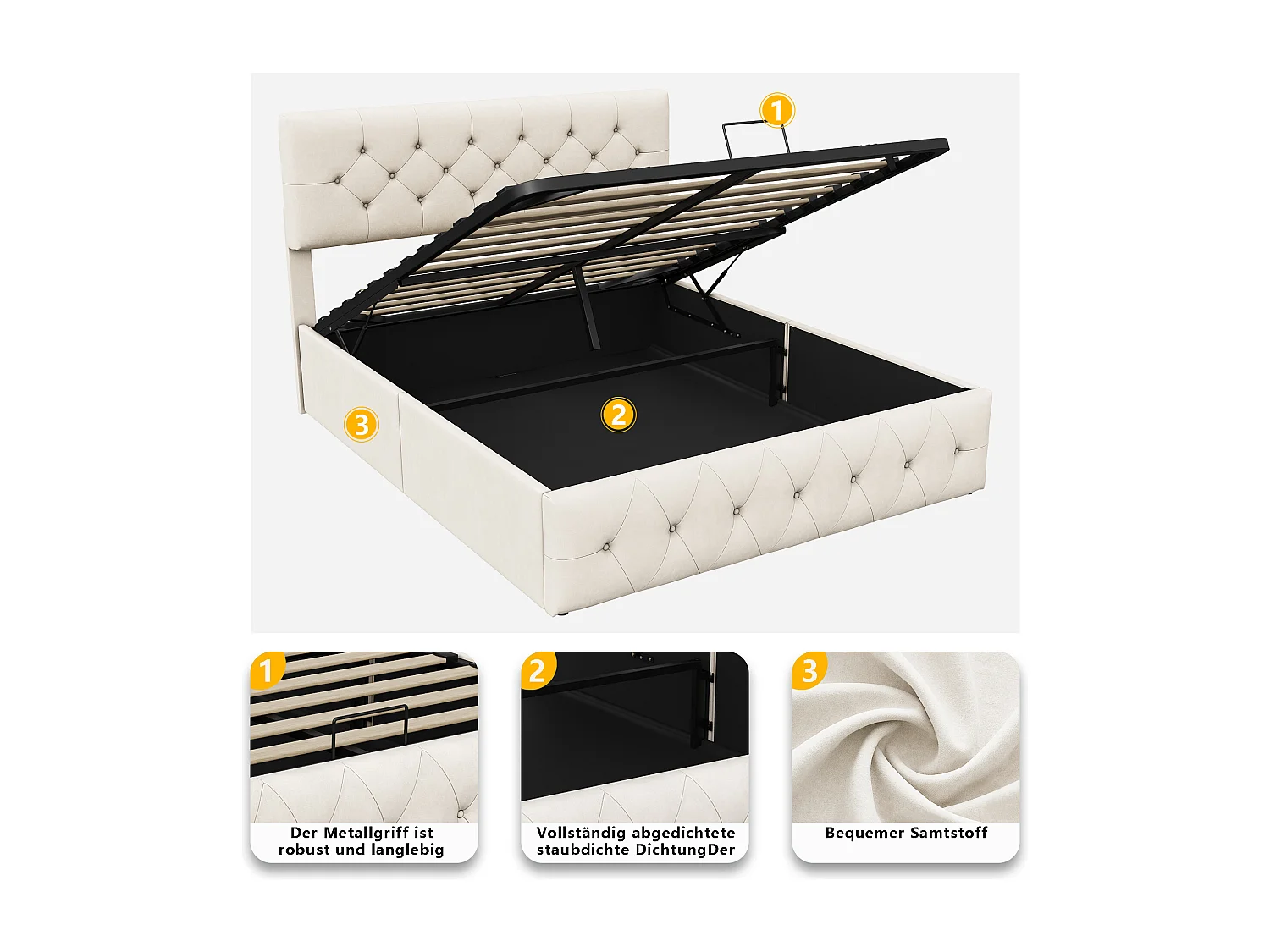 Lit coffre 160 x 200 cm,lit double,lit adulte,lit rembourré,avec sommier à lattes,levier hydraulique,tissu velours,beige