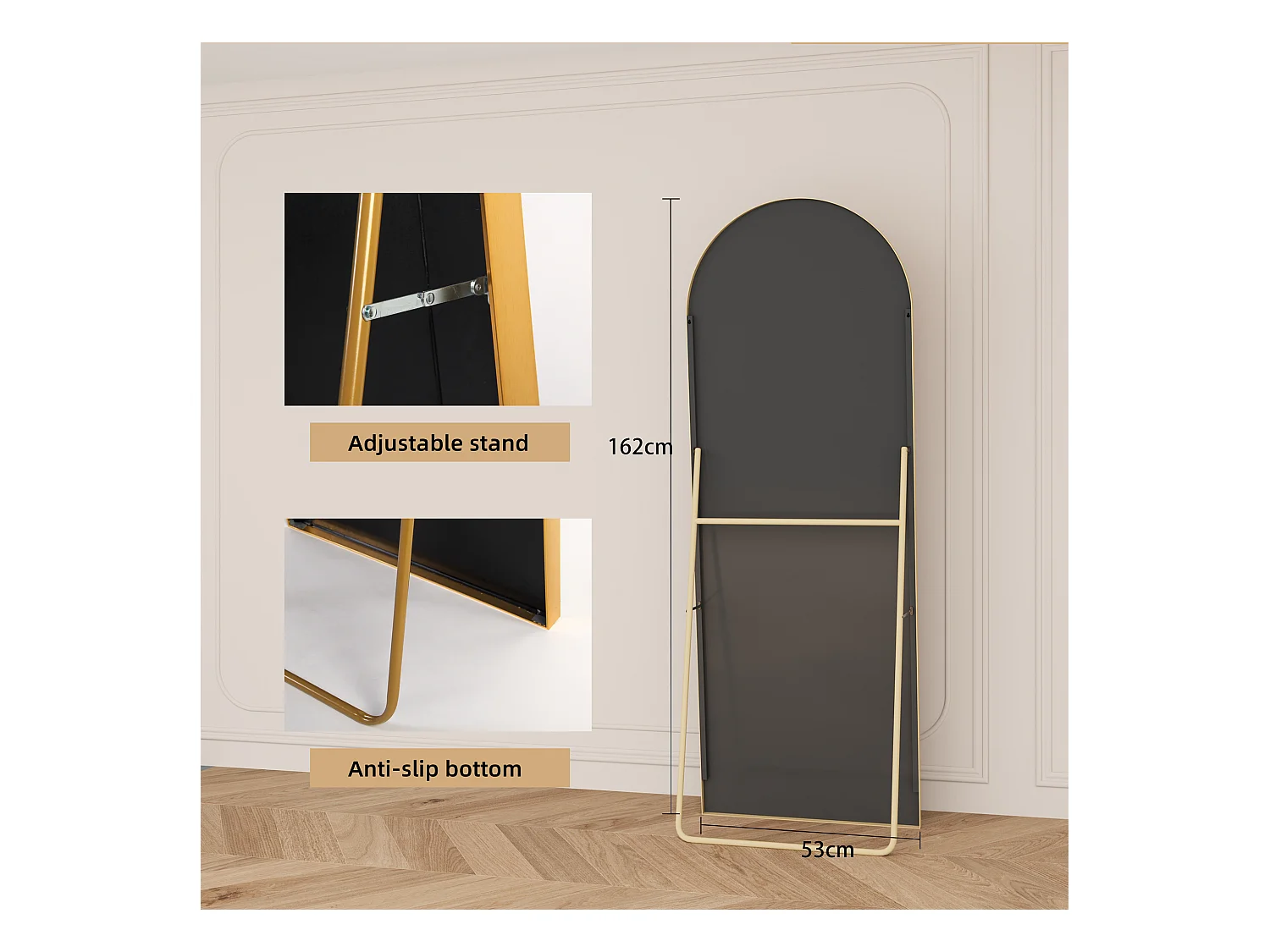 Miroir pleine longueur 162 x 53 cm, sur pied, suspendu ou appuyé, grand miroir de sol avec cadre en alliage d'aluminium doré pour salon ou chambre à coucher, Doré