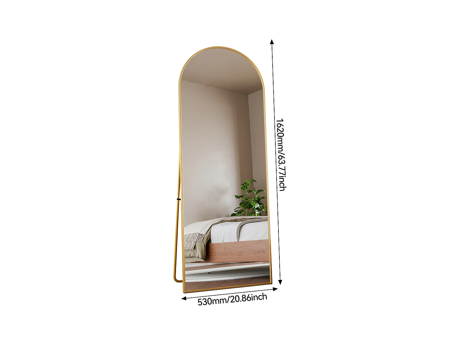 Miroir pleine longueur 162 x 53 cm, sur pied, suspendu ou appuyé, grand miroir de sol avec cadre en alliage d'aluminium doré pour salon ou chambre à coucher, Doré