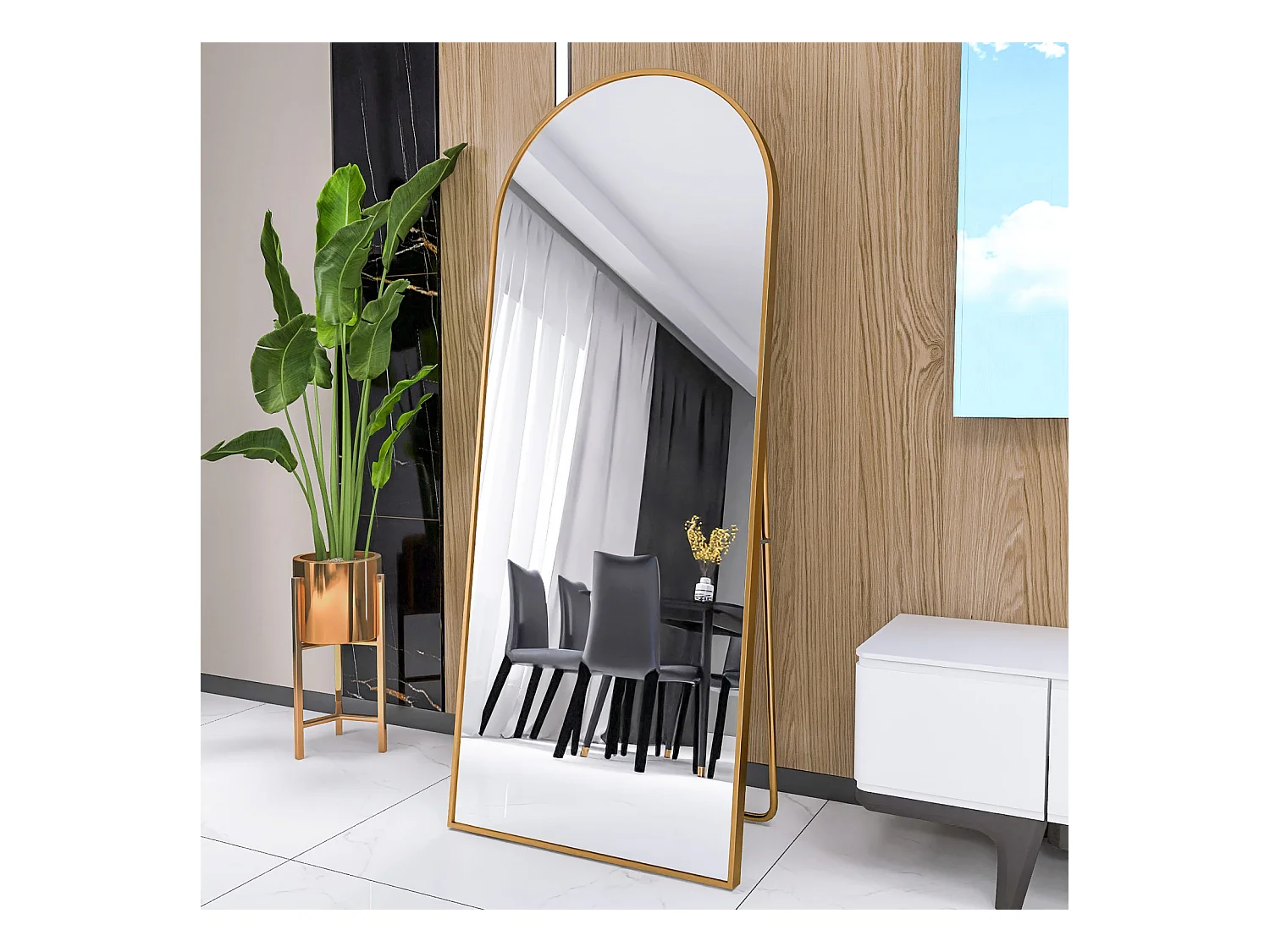 Espejo de cuerpo entero 165x60 cm, de pie o para colgar, arco, marco de aleación de aluminio dorado, ideal para sala de estar o dormitorio