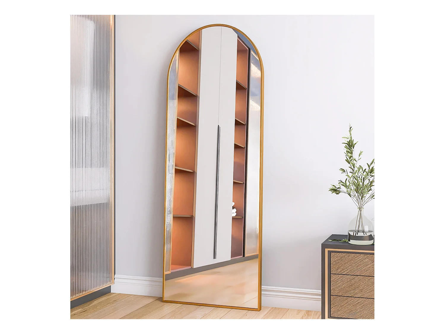 Espejo de cuerpo entero 165x60 cm, de pie o para colgar, arco, marco de aleación de aluminio dorado, ideal para sala de estar o dormitorio