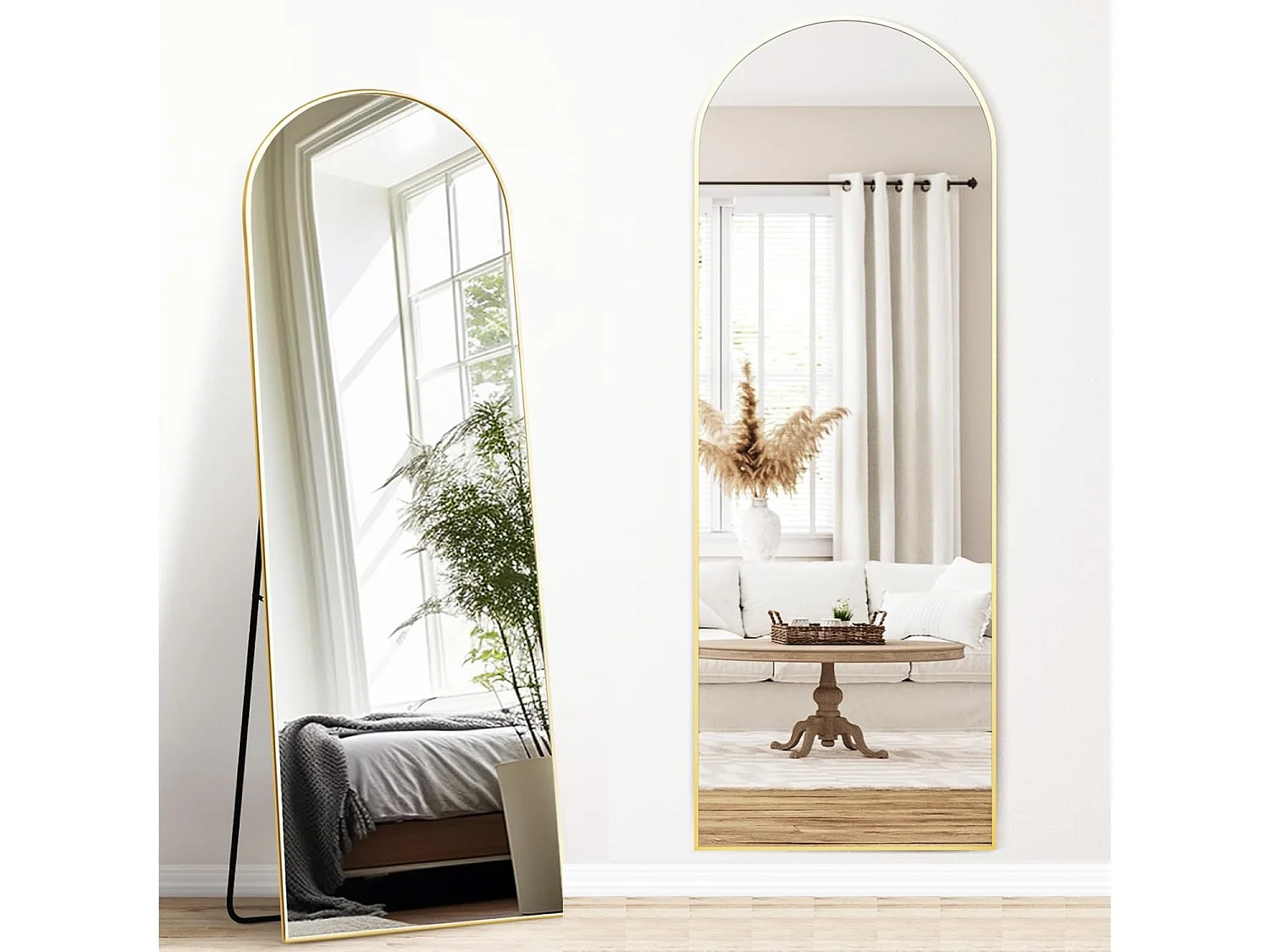 Miroir pleine longueur 165 x 60 cm, sur pied, suspendu ou appuyé, grand miroir de sol avec cadre en alliage d'aluminium doré pour salon ou chambre à coucher, Arc