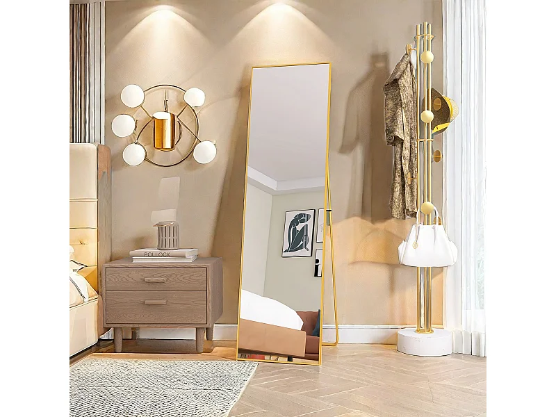 Volledige lengte spiegel 140x40cm, vrijstaand, hangend of leunend, grote vloerspiegel met gouden aluminium frame voor woonkamer of slaapkamer, rechthoekig