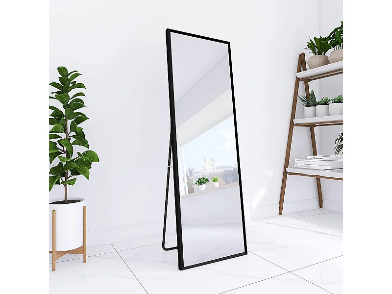 Spiegel op ware grootte 162 x 53 cm, vrijstaand, hangend of leunend, grote staande spiegel met zwart aluminium frame voor woonkamer of slaapkamer, rechthoekig