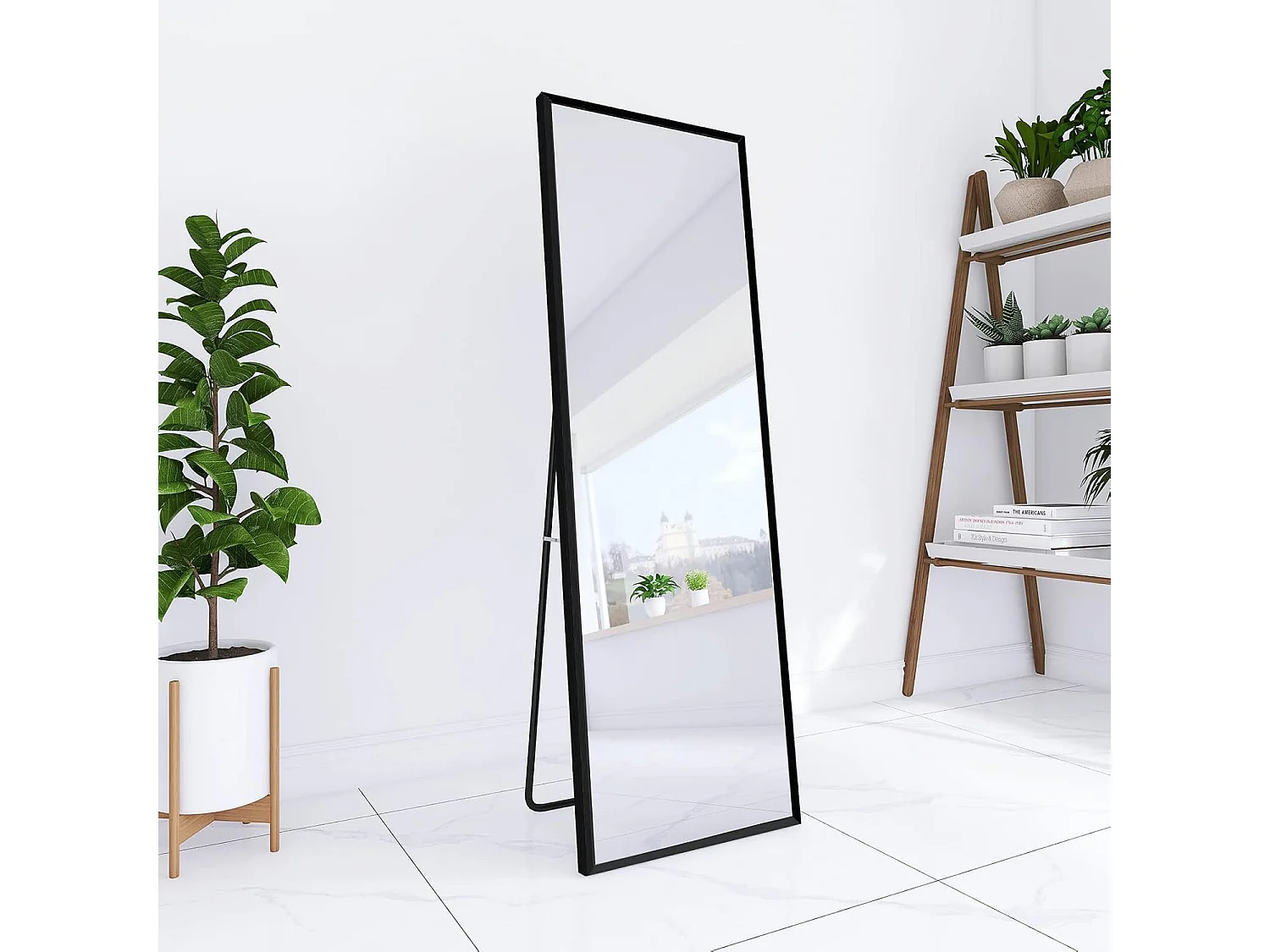 Spiegel op ware grootte 150 x 40 cm, vrijstaand, hangend of leunend, grote staande spiegel met zwart aluminium frame voor woonkamer of slaapkamer, rechthoekig