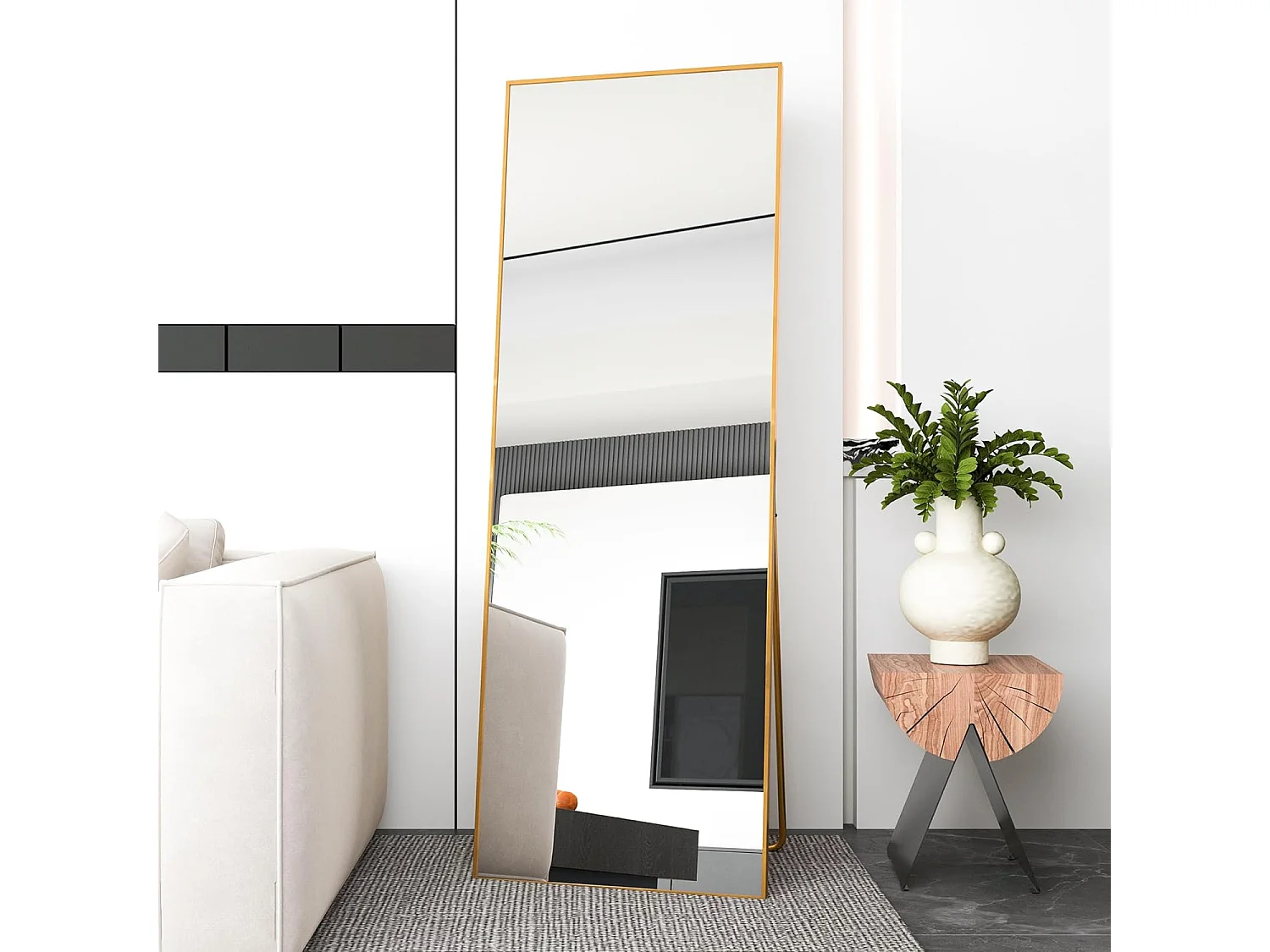 Spiegel in de lengte 165 x 60 cm, vrijstaand, hangend of leunend, grote staande spiegel met gouden aluminiumlegering frame voor woonkamer of slaapkamer, rechthoekig