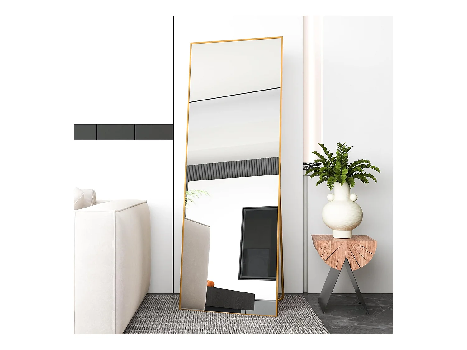 Miroir pleine longueur 165 x 60 cm, sur pied, suspendu ou appuyé, grand miroir de sol avec cadre en alliage d'aluminium doré pour salon ou chambre à coucher, rectangulaire