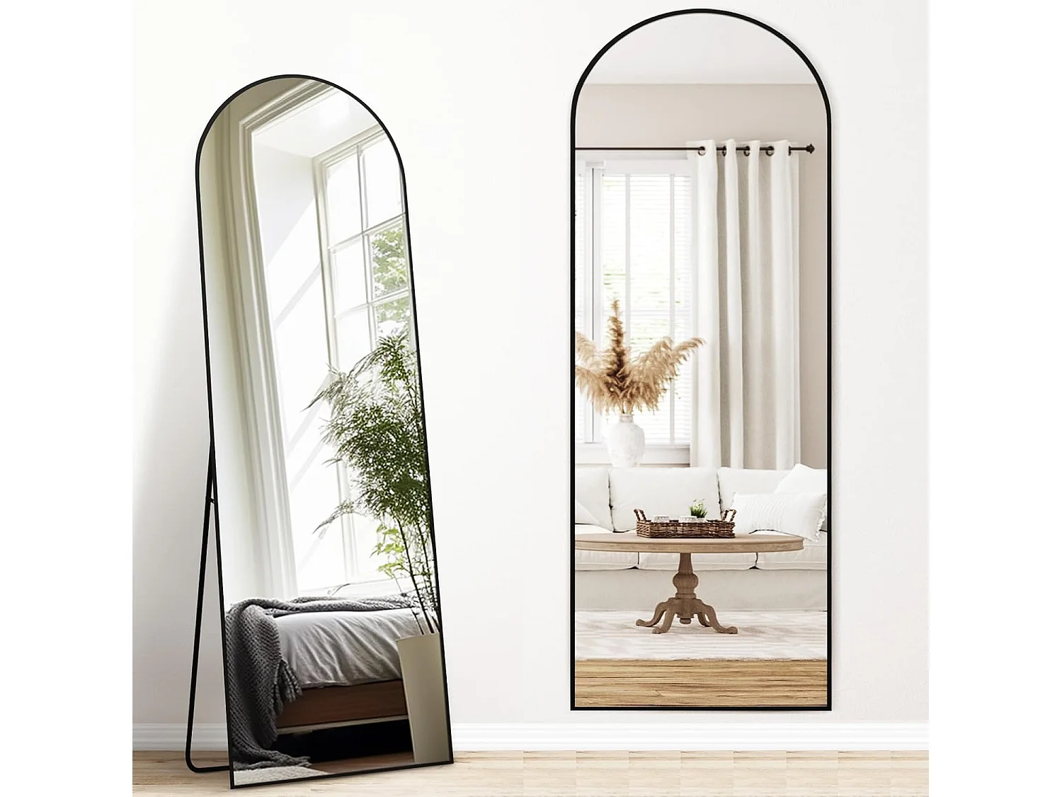 Spiegel op ware grootte 165 x 60 cm, vrijstaand, hangend of leunend, grote staande spiegel met zwart aluminium frame voor woonkamer of slaapkamer, boog