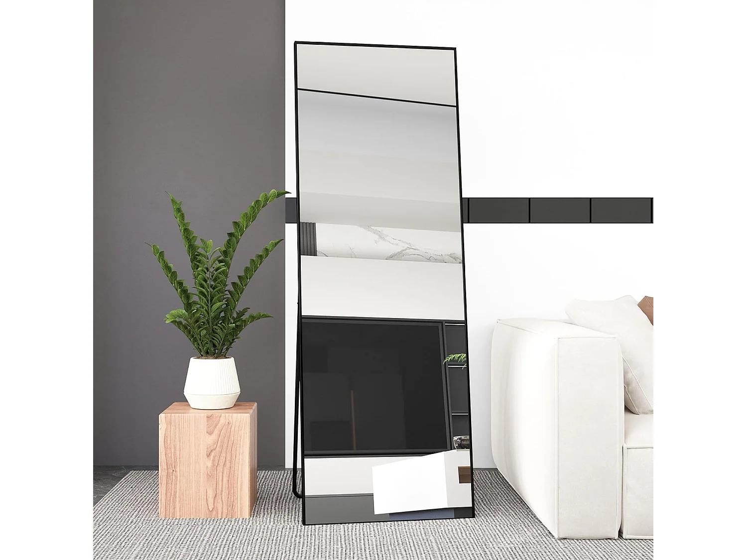 Espejo de cuerpo entero 165x60 cm, de pie o para colgar, rectangular, marco de aleación de aluminio negro, ideal para sala de estar o dormitorio