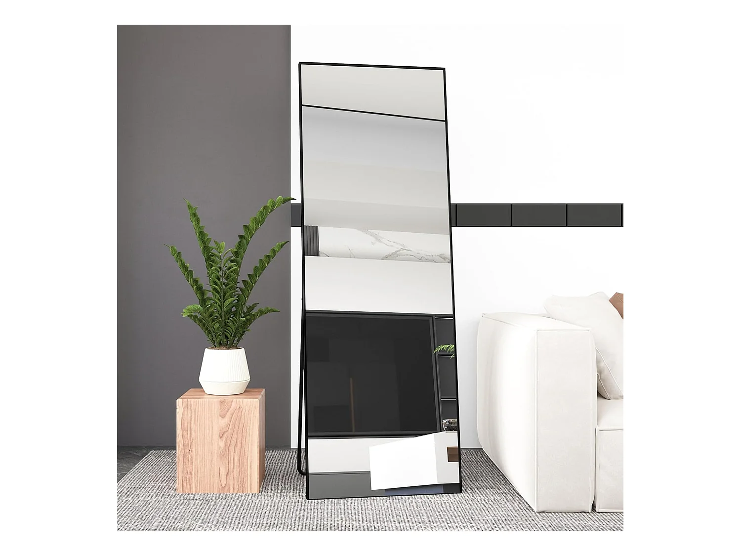 Miroir pleine longueur 165 x 60 cm, sur pied, suspendu ou appuyé, grand miroir de sol avec cadre en alliage d'aluminium noir pour salon ou chambre à coucher, rectangulaire