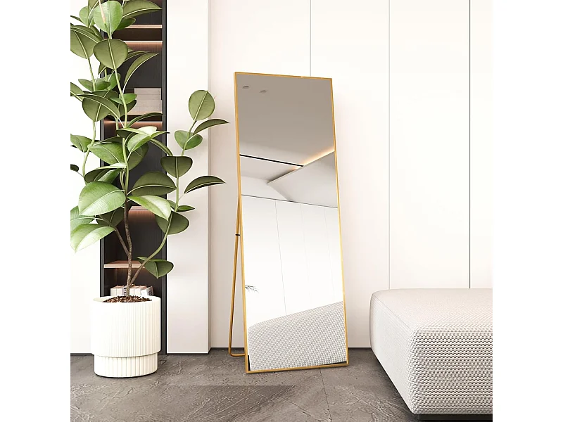 Volledige lengte spiegel 162x53cm, vrijstaand, hangend of leunend, grote vloerspiegel met gouden aluminium frame voor woonkamer of slaapkamer, rechthoekig
