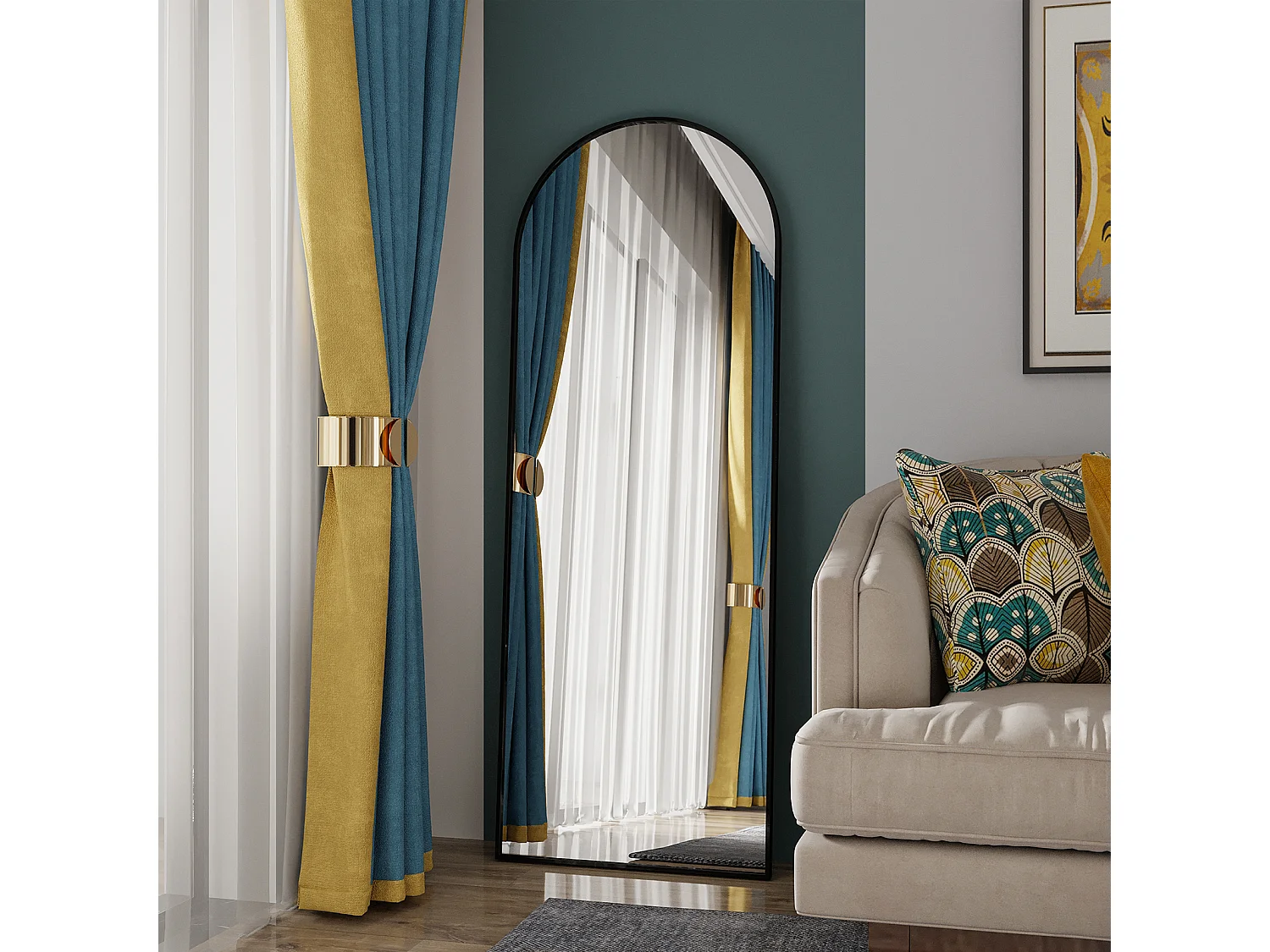 Miroir pleine longueur 162 x 53 cm, sur pied, suspendu ou appuyé, grand miroir de sol avec cadre en alliage d'aluminium noir pour salon ou chambre à coucher, Noir