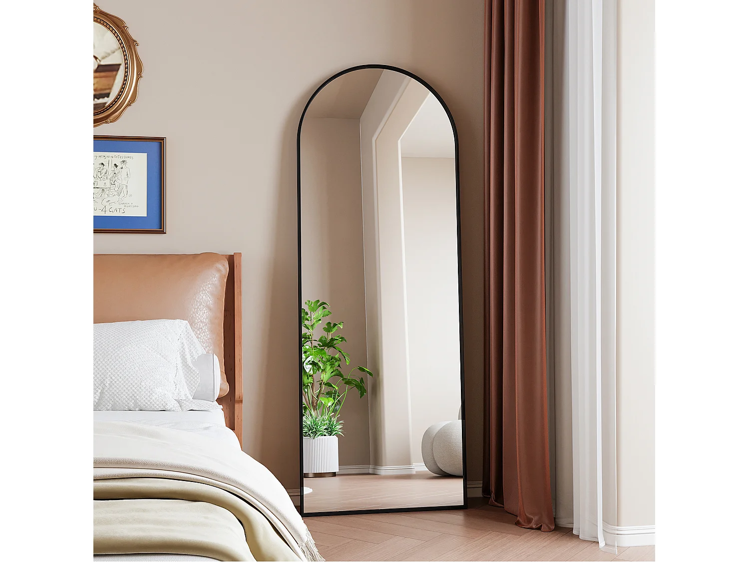 Miroir pleine longueur 162 x 53 cm, sur pied, suspendu ou appuyé, grand miroir de sol avec cadre en alliage d'aluminium noir pour salon ou chambre à coucher, Noir