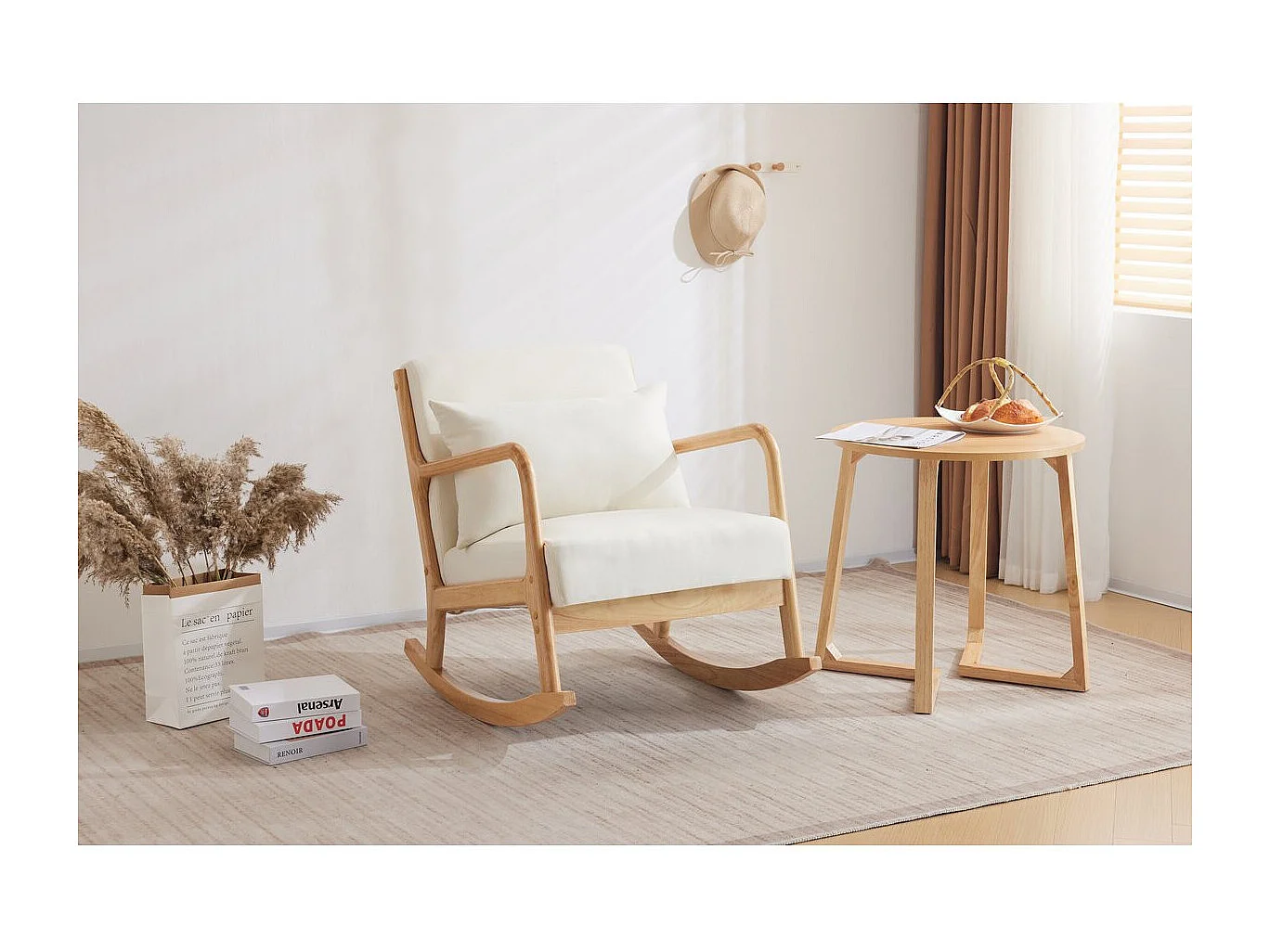 Fauteuil à bascule style scandinave bouclette et bois " Clinton " - Beige