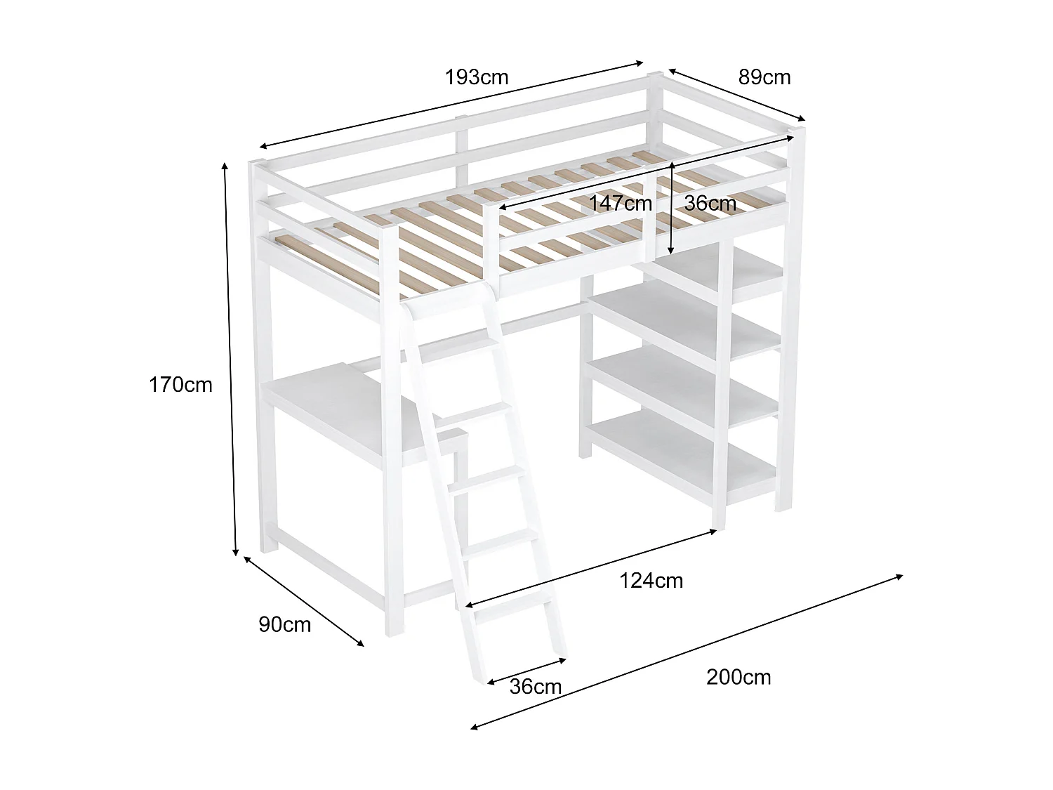 Kinderhoogslaper, 90 x 200 cm, met opbergvakken en bureau onder het bed, wit, opbergplank met vier lagen, grote capaciteit, ruimtebesparend en functioneel