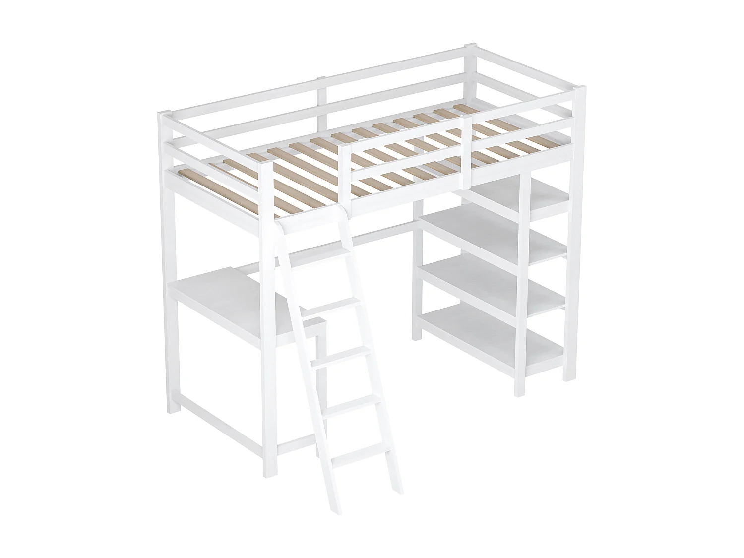 Kinderhoogslaper, 90 x 200 cm, met opbergvakken en bureau onder het bed, wit, opbergplank met vier lagen, grote capaciteit, ruimtebesparend en functioneel