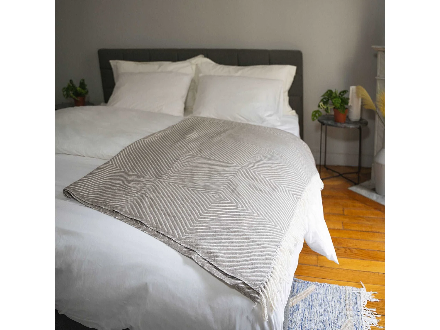 Plaid coton blanc gris 130x170 cm