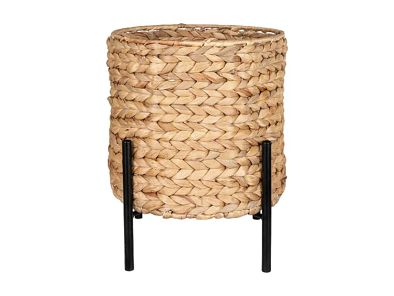 MAORI - Cache-Pot Tressé en Jacinthe d'Eau Naturelle Support en Métal Noir