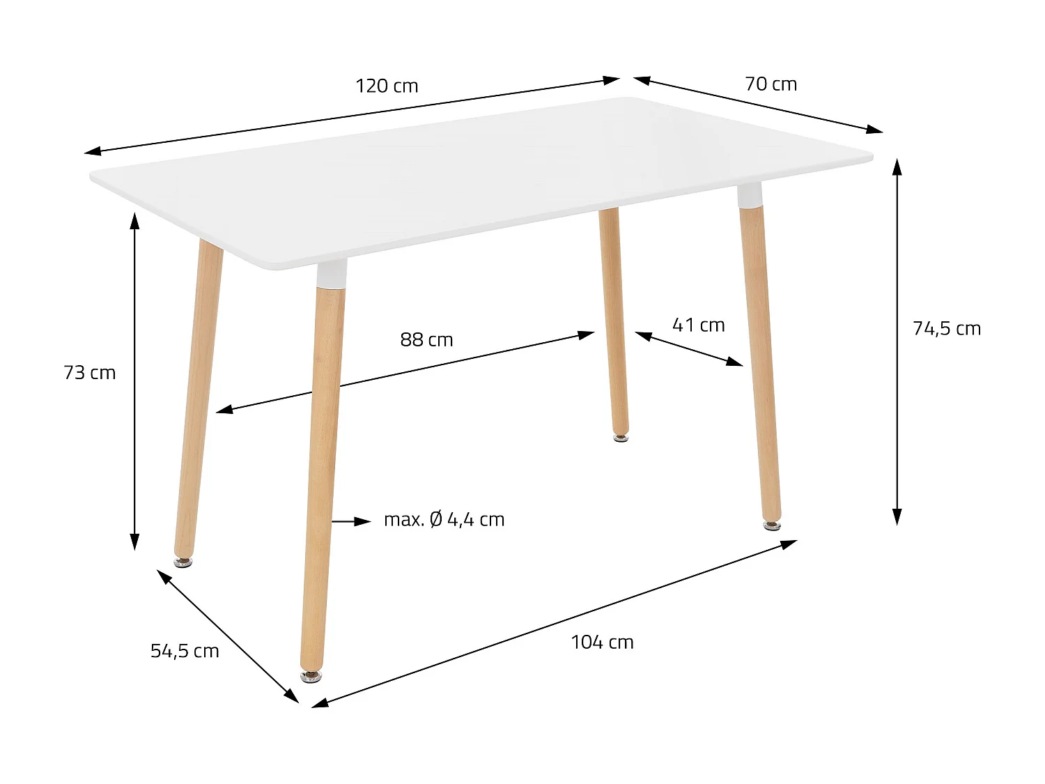 Mesa de comedor Mesa de cocina Mesa de madera Blanco 120x70cm Estructura de acero