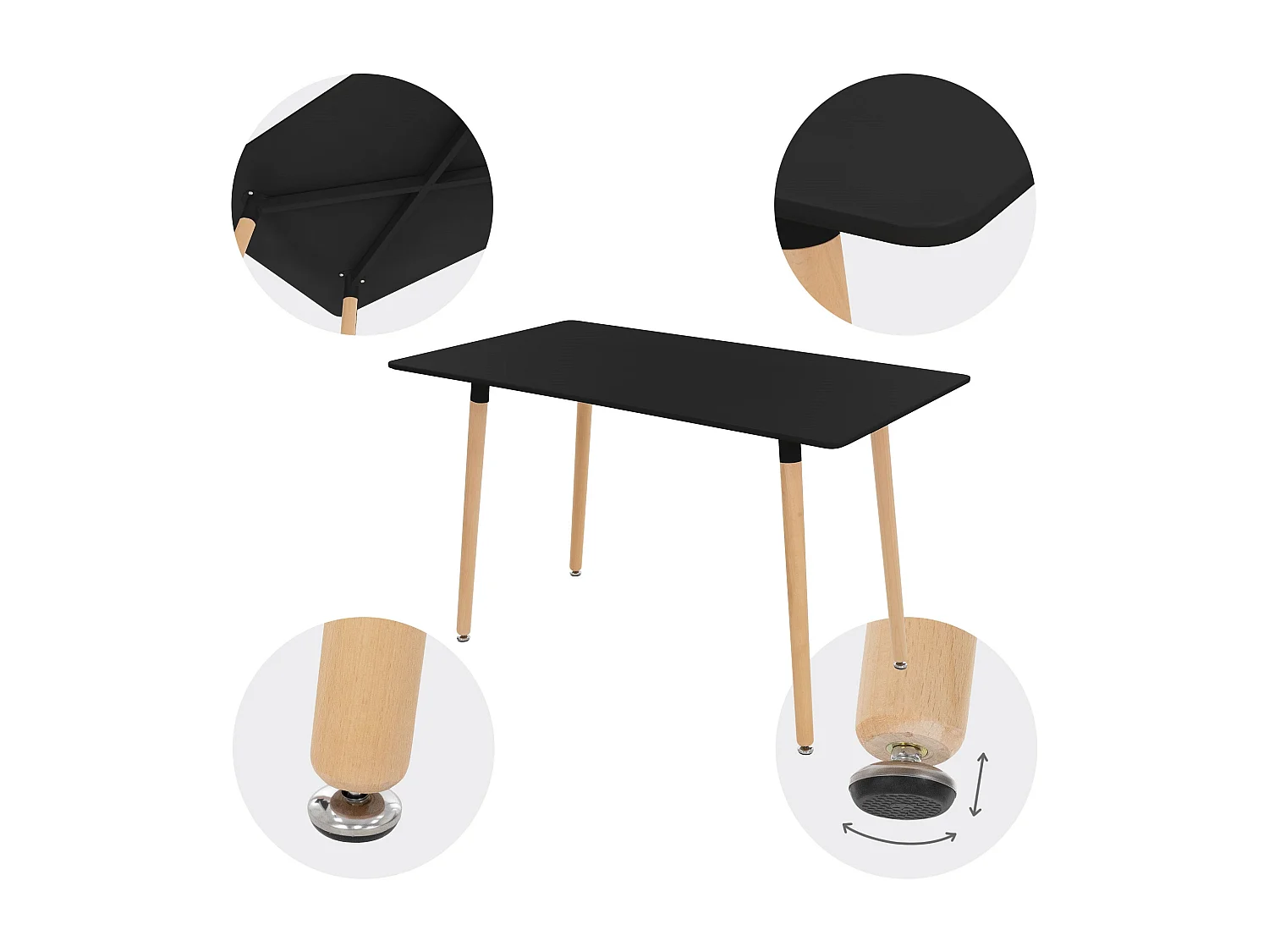 Mesa de comedor Mesa de cocina Mesa de madera Negra 120x70cm Patas de acero