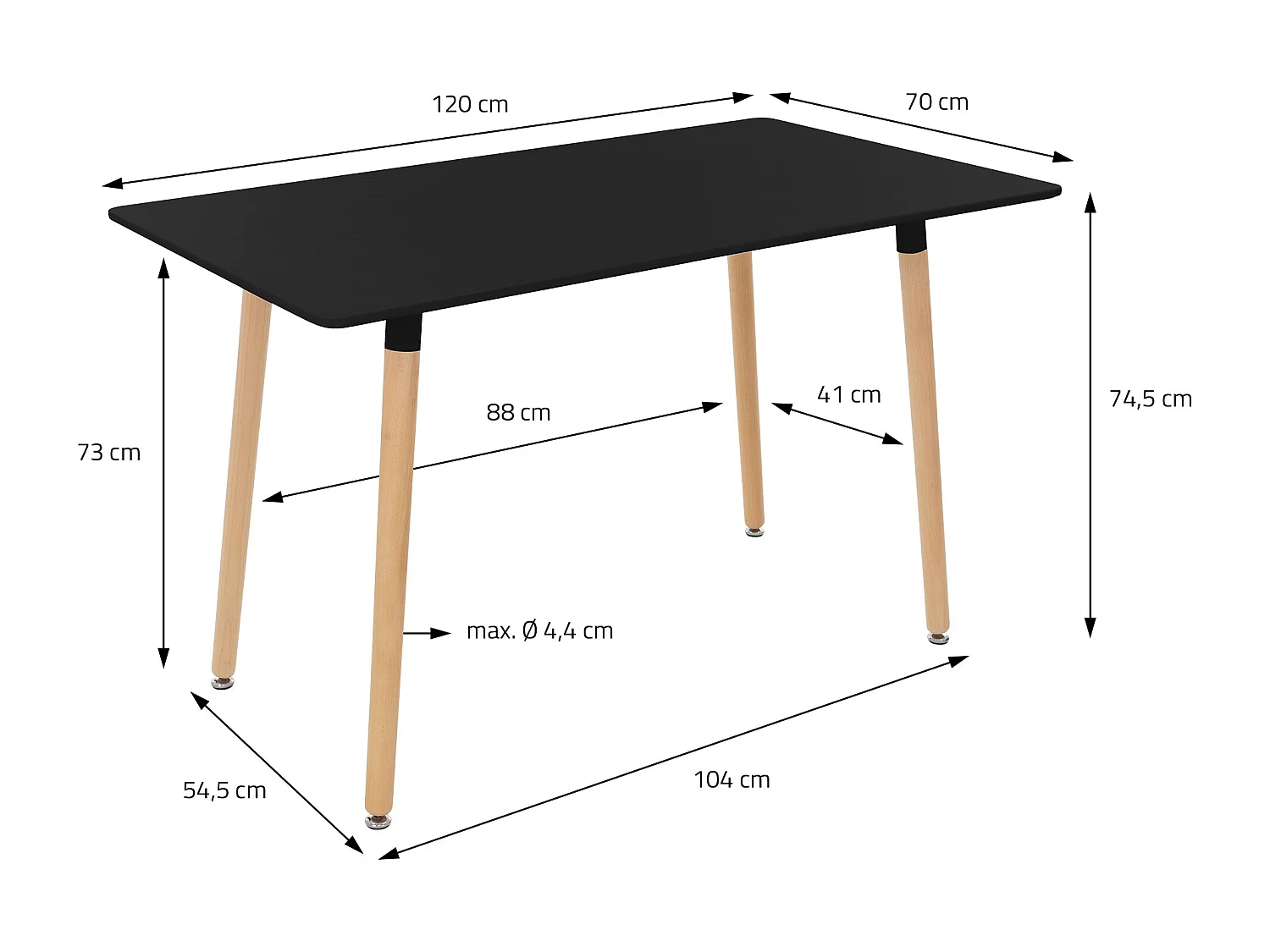 Table de salle à manger Table de cuisine en bois Noir 120x70cm Pieds en acier