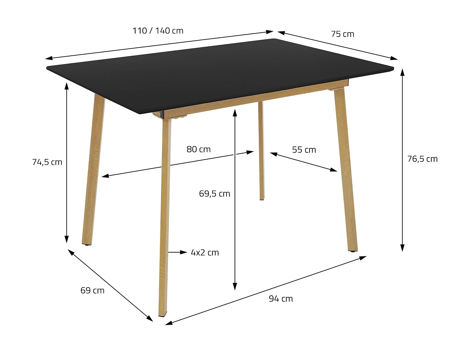 Table de salle à manger extensible Table de salle à manger Table de cuisine 110/140x75cm Noir