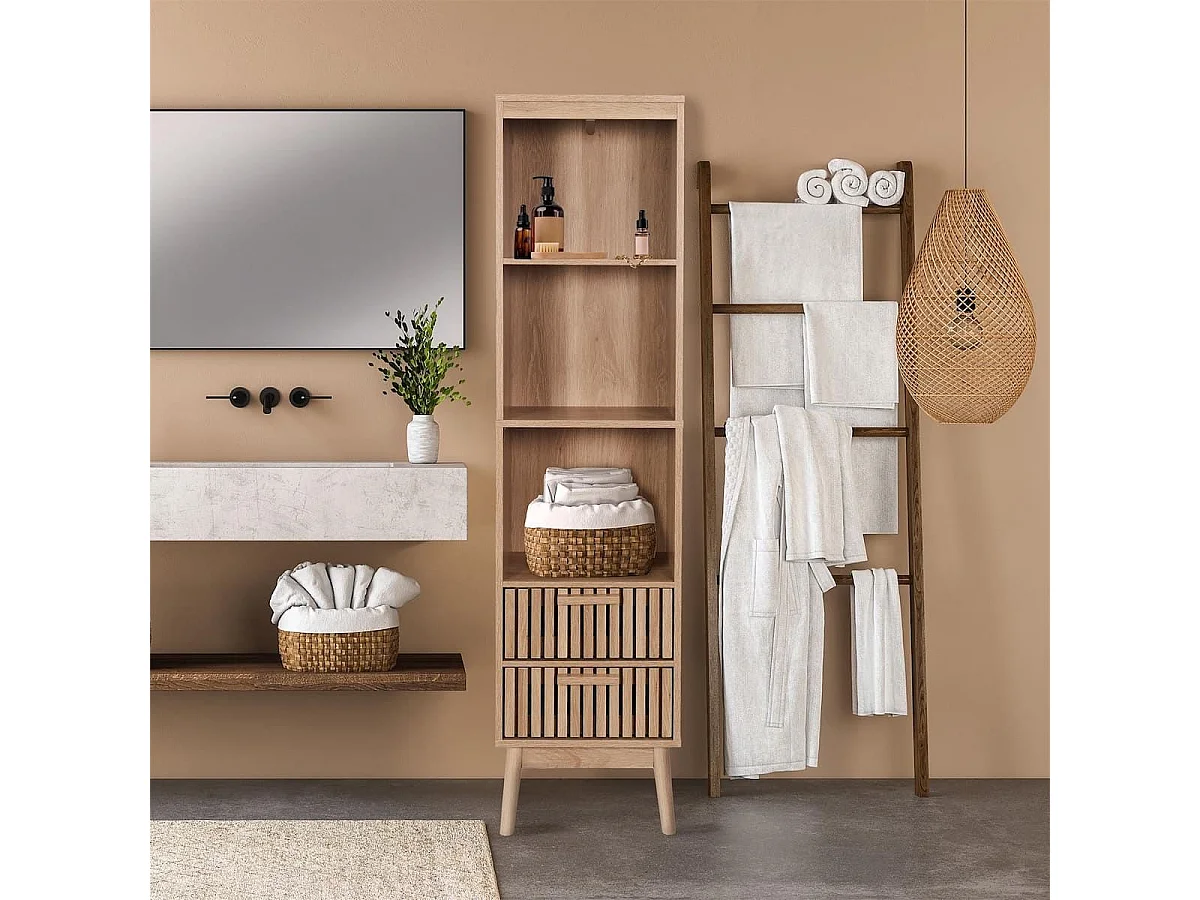 PAJAN - Rangement Colonne 3 Etagères 2 Tiroirs Effet Bois avec Tasseaux