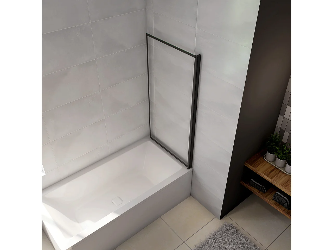 Parete Vasca Doccia 80xh.140cm Sopravasca Anta Girevole in Vetro Temperato 4 mm Trasparente con Bordo Nero Serigrafato