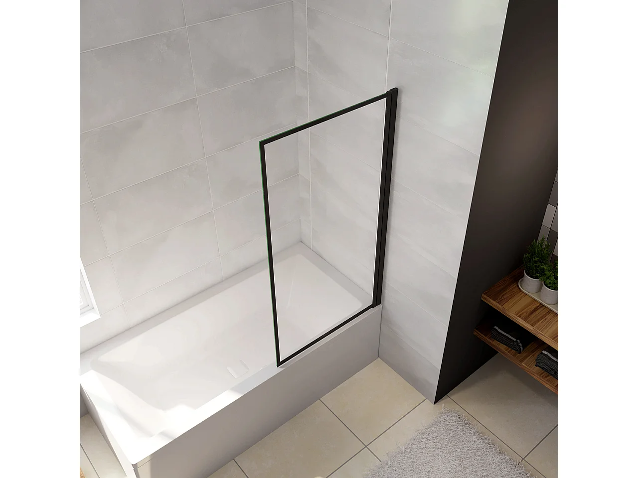 Parete Vasca Doccia 80xh.140cm Sopravasca Anta Girevole in Vetro Temperato 4 mm Trasparente con Bordo Nero Serigrafato