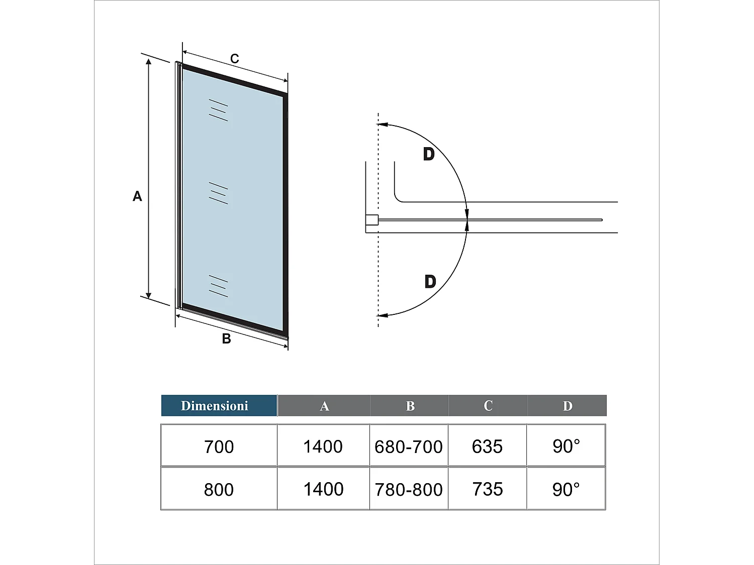 Parete Vasca Doccia 80xh.140cm Sopravasca Anta Girevole in Vetro Temperato 4 mm Trasparente con Bordo Nero Serigrafato