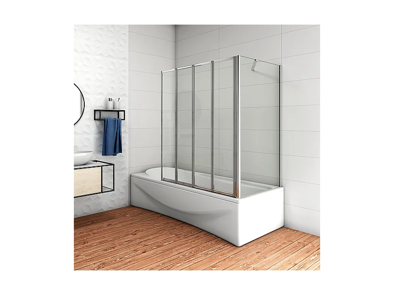 H.140 cm Parete Doccia Sopravasca Angolare Pieghevole 100 cm (4 Antine）con Parete Laterale 65 cm Vetro Temperato Telaio Cromato Lucido