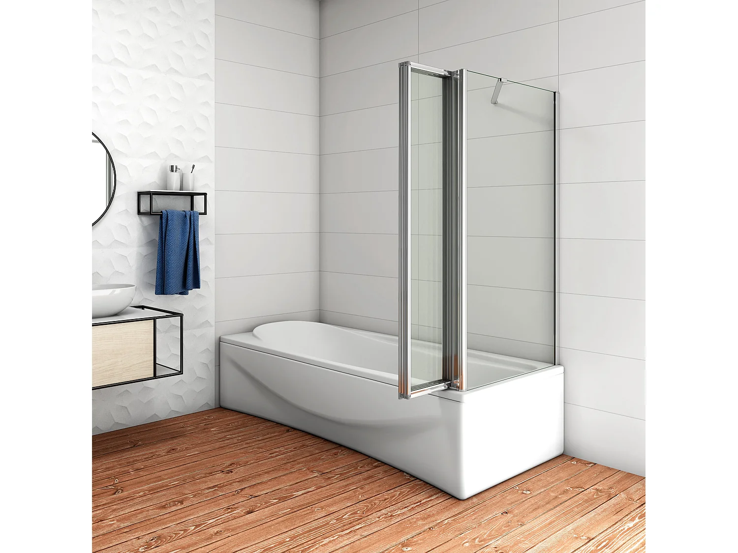 H.140 cm Parete Doccia Sopravasca Angolare Pieghevole 100 cm (4 Antine）con Parete Laterale 65 cm Vetro Temperato Telaio Cromato Lucido