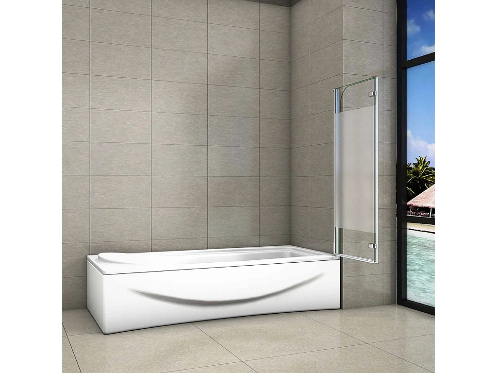 120x140 cm Parete Per Vasca Apribile 180 Gradi Montaggio Verso Destro Irreversibile in Vetro Temperato 6 mm Anticalcare Fascia Centrale Opaca